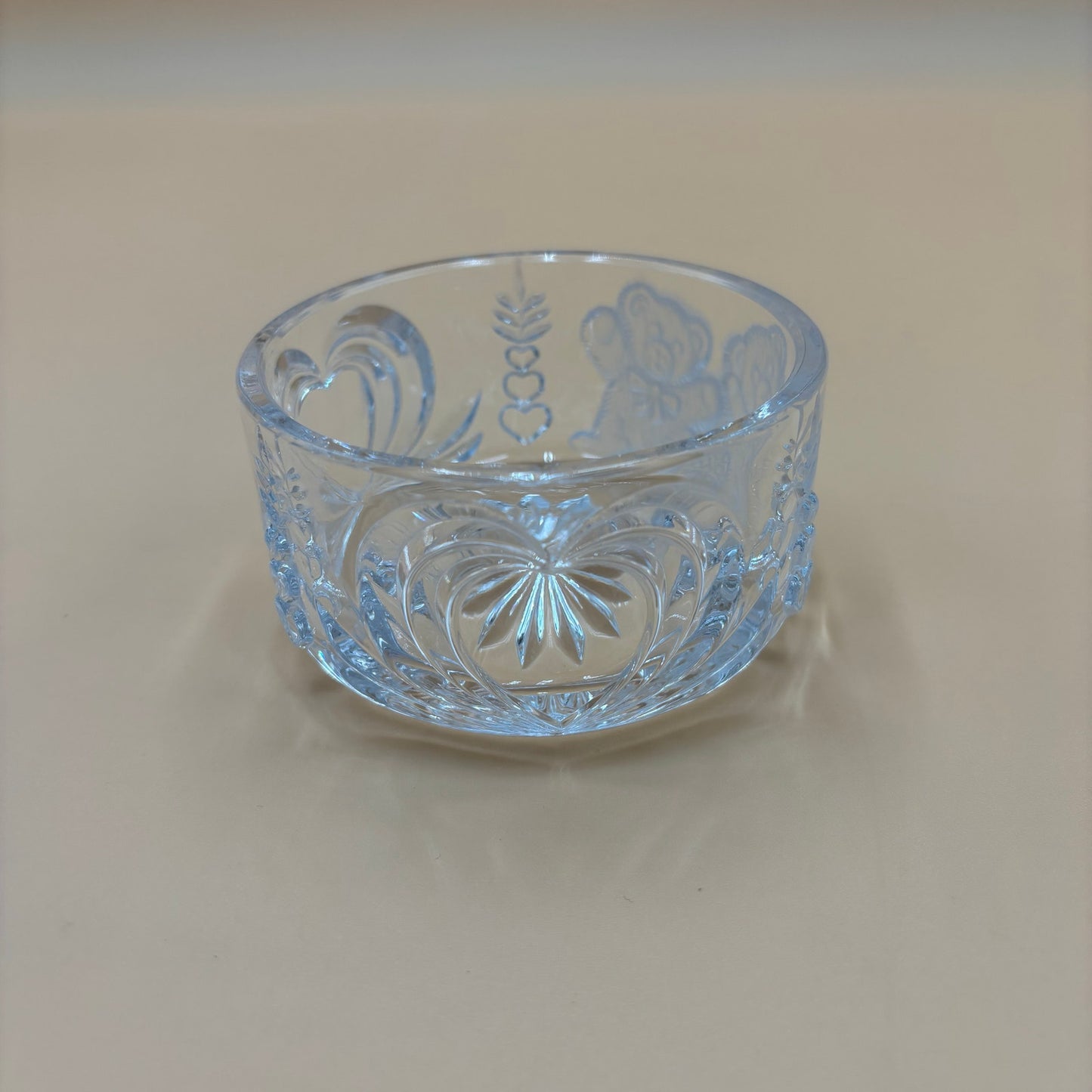 Vintage Clear Pressed Glass Bowl with Hearts & Teddy Bear Motif