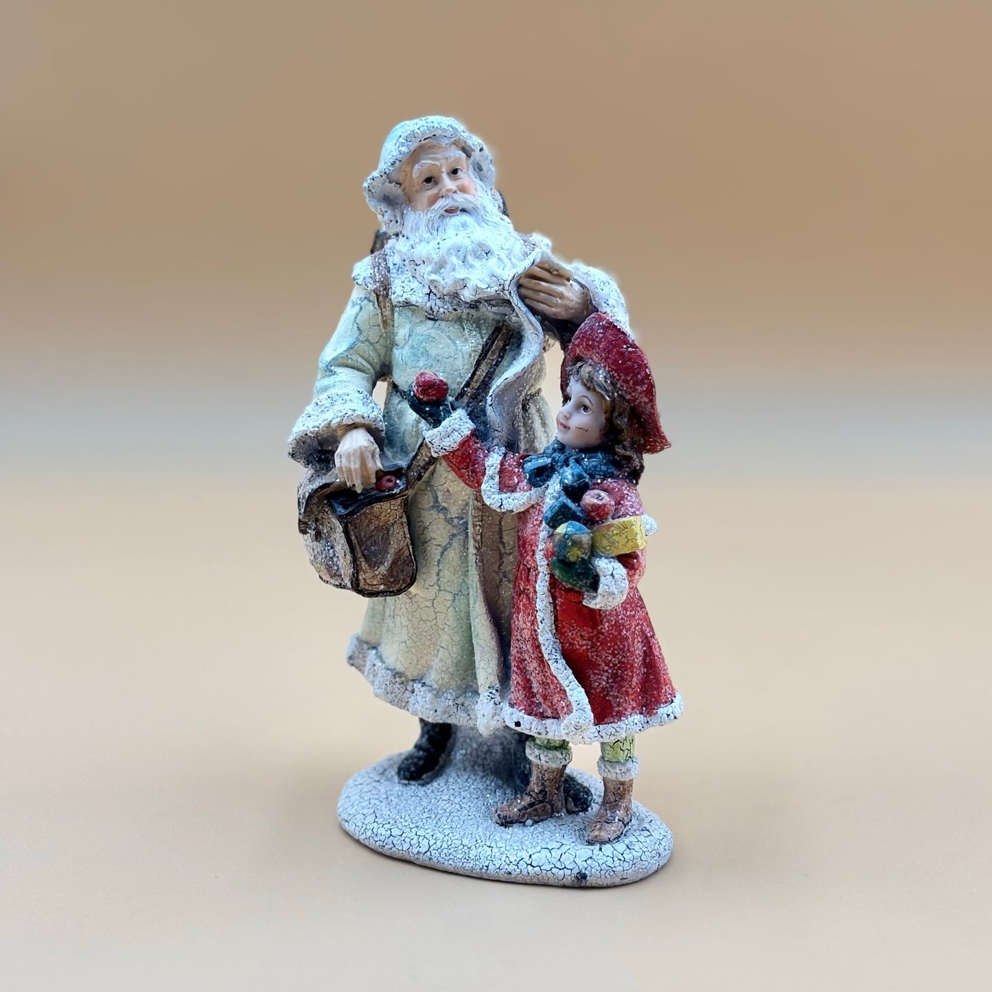 Vintage Crackle Santa and Girl Figurine with Glitter Finish