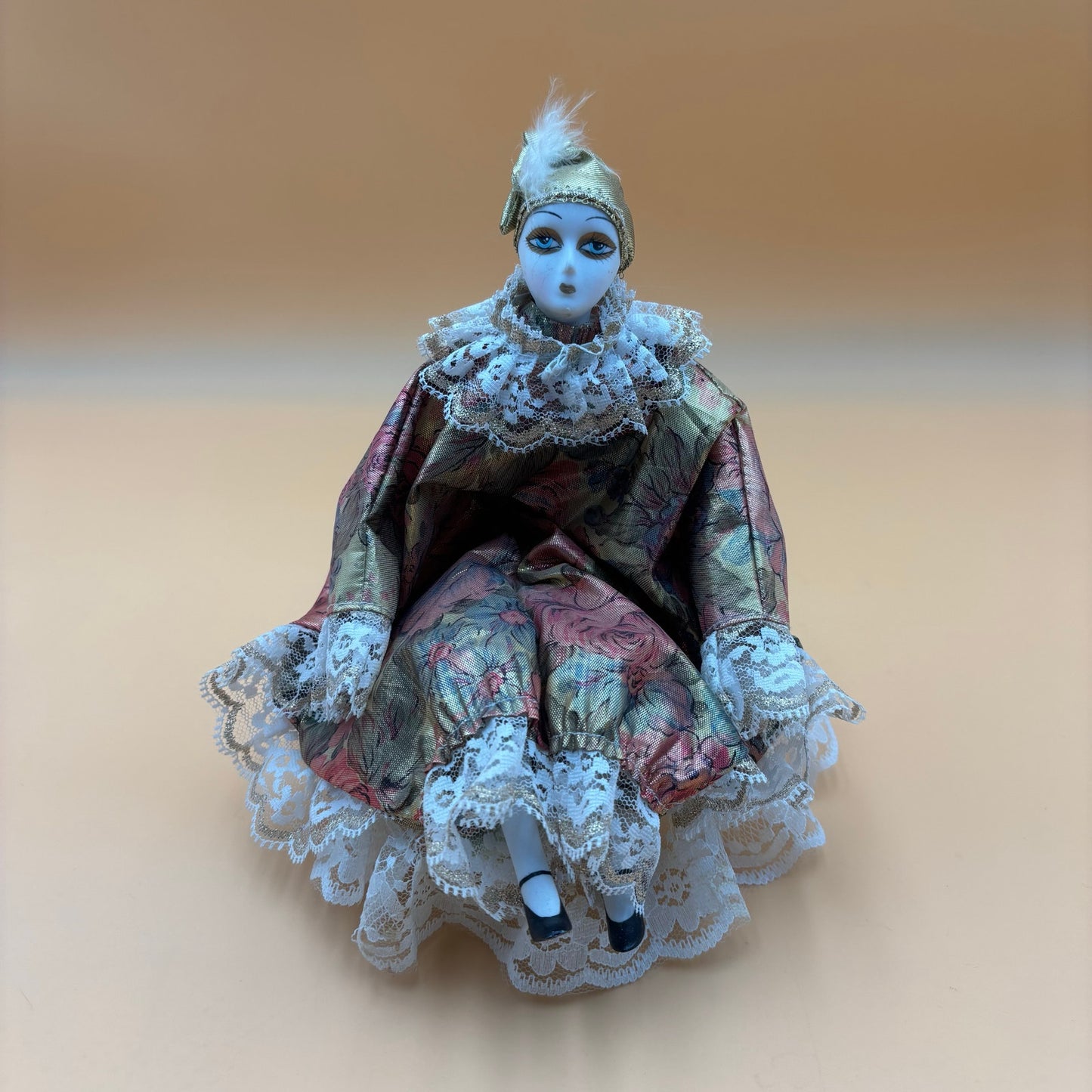 Porcelain Musical Clown Doll – Gold & Floral Dres