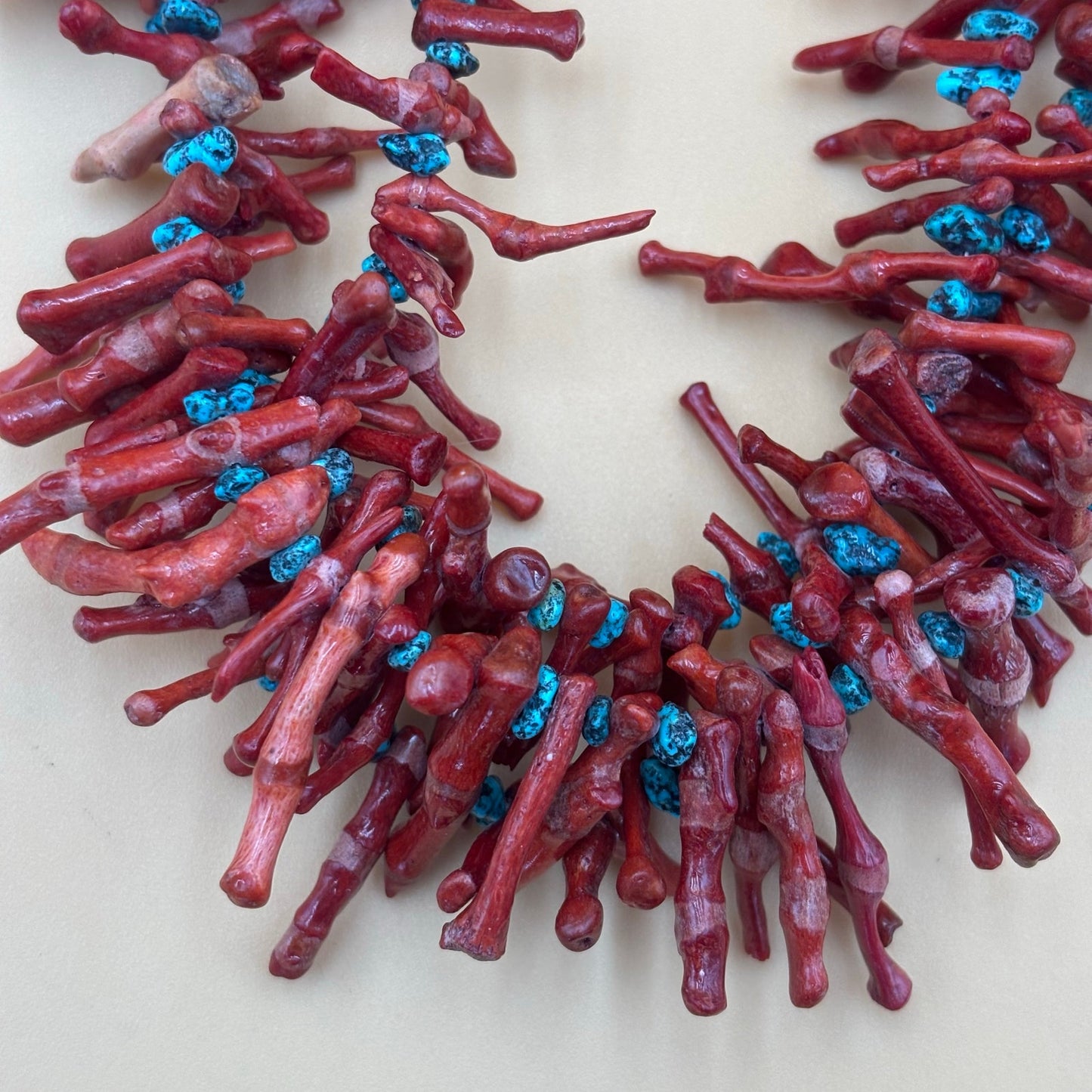 Bold Three-Strand Red Coral Branch & Turquoise Statement Necklace – 18.5″