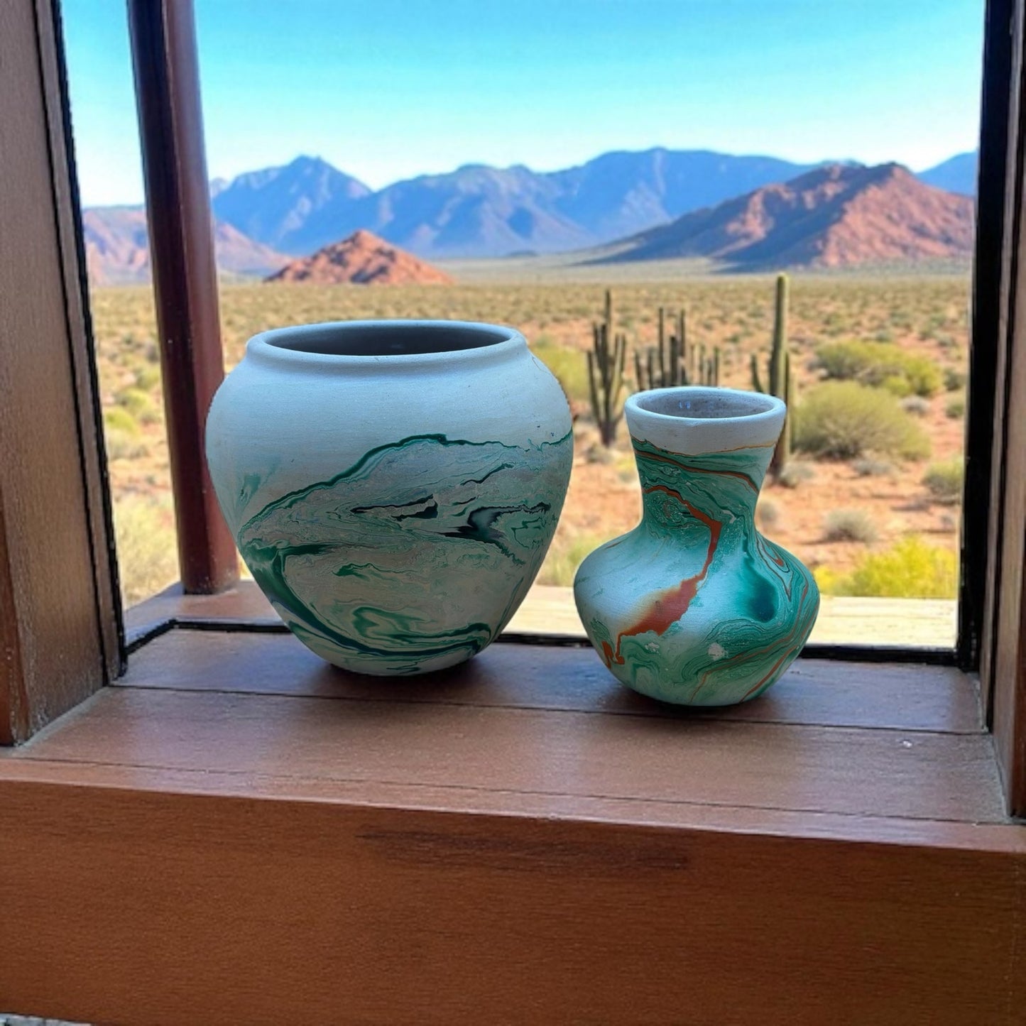 Pair of Vintage Nemadji Pottery Vases – Swirled Green, Blue & Orange Clay