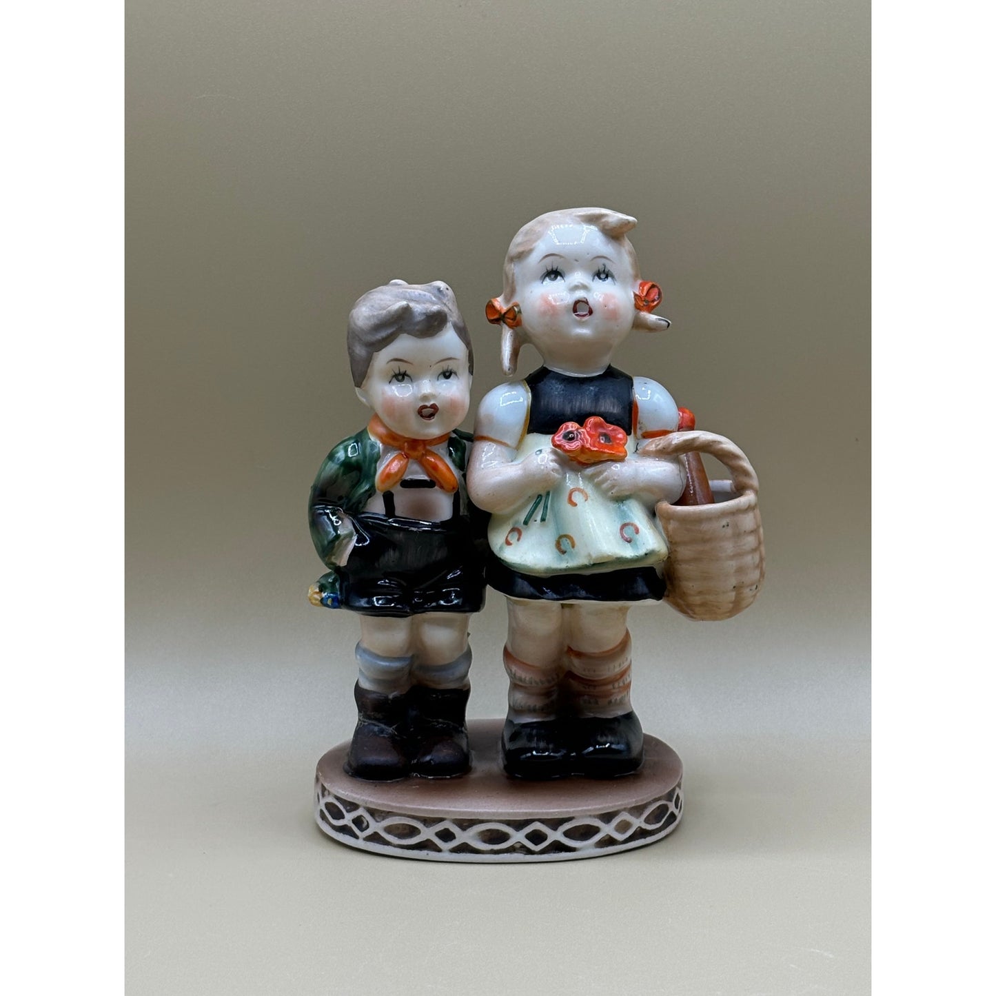 VTG Boy and Girl Orange with Basket Japanese Ceramic Figurine