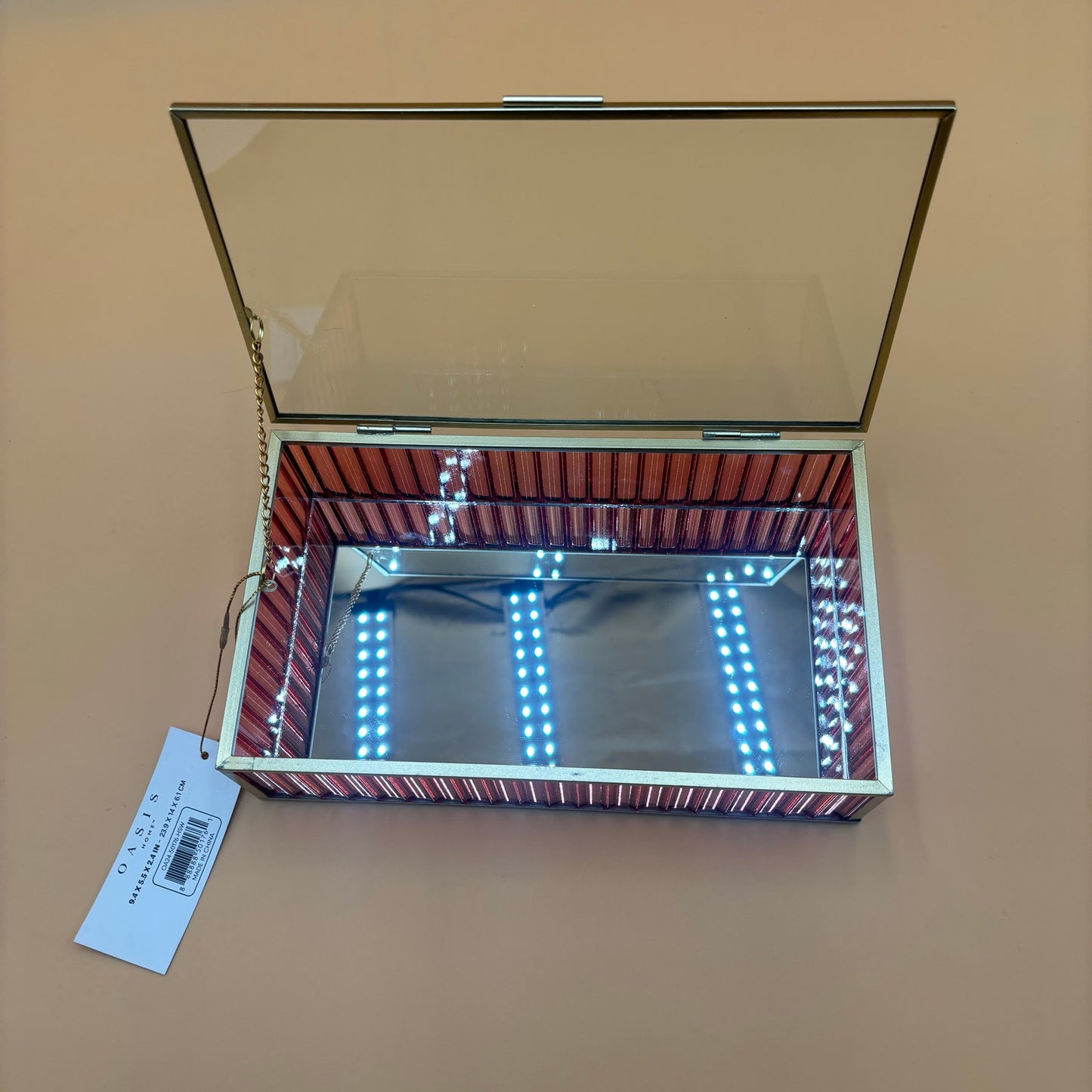 Oasis Home Glass & Mirror Display Box – Pink Faceted Sides – 9.5”