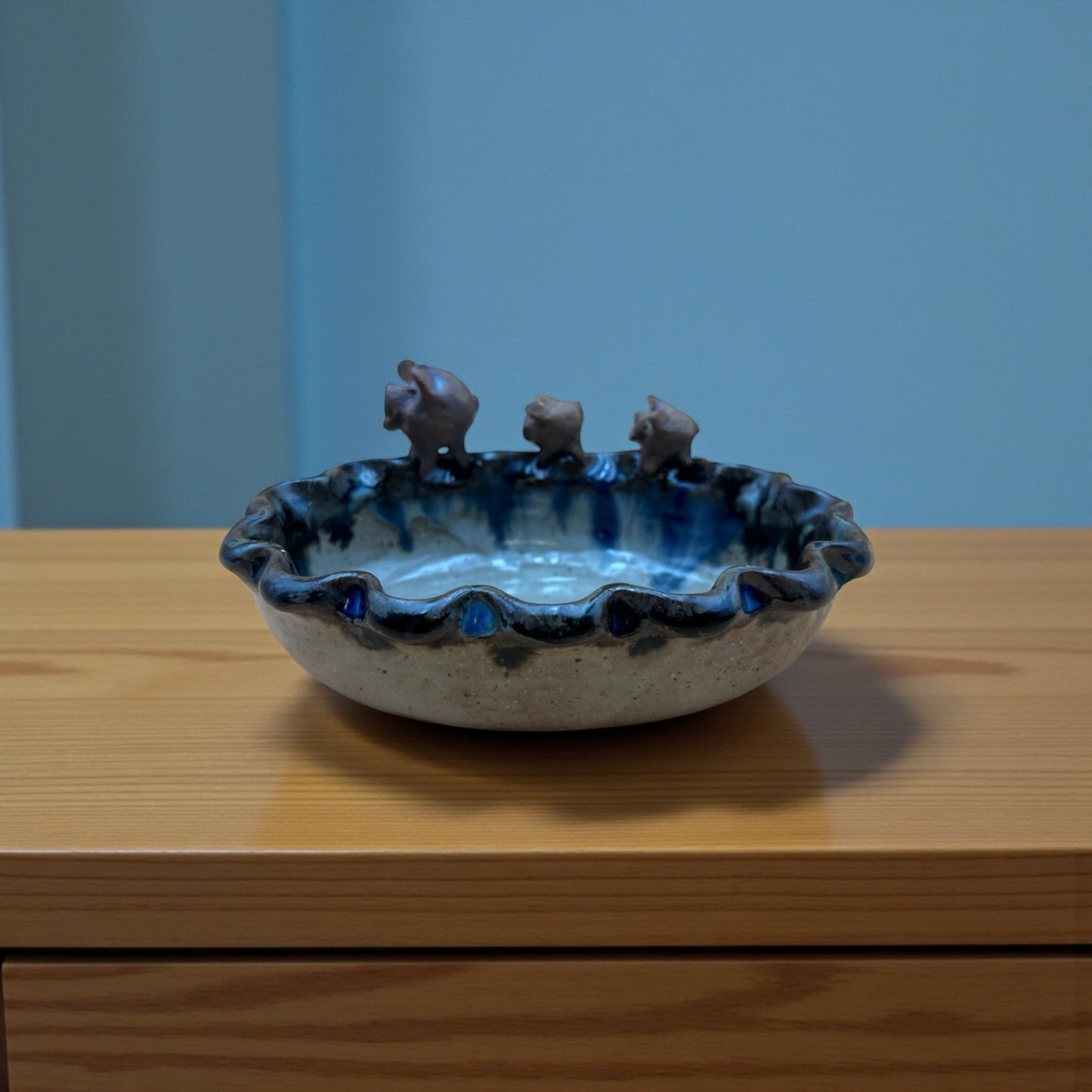 Handmade Pig Trio Blue & Brown Glazed Pottery Bowl