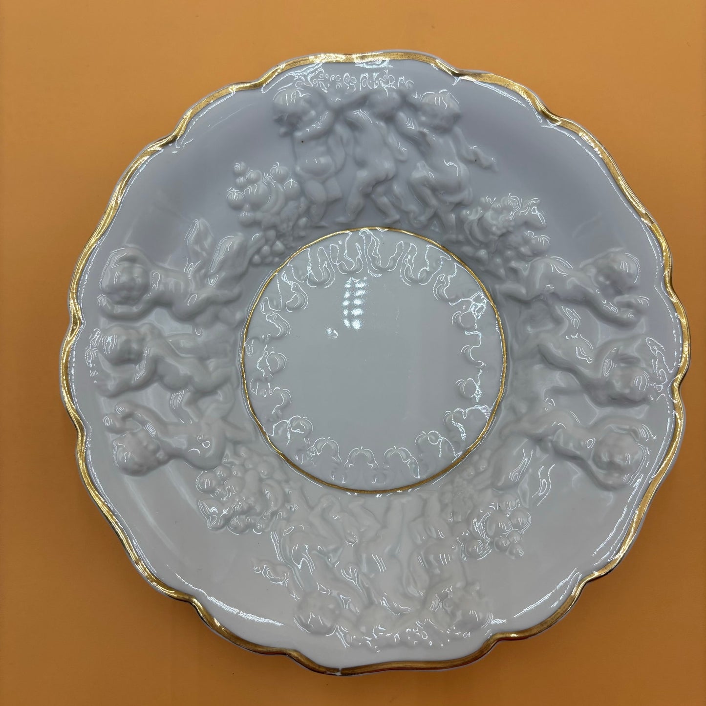 Vintage Embossed Cherub Porcelain Bowl with Gold Trim – 8.25”