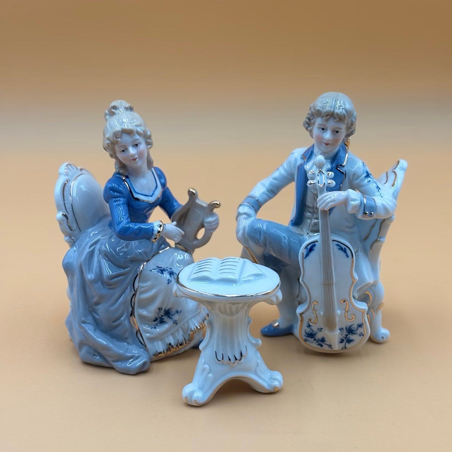 Porcelain Victorian Couple Playing Music Vintage Figurines
