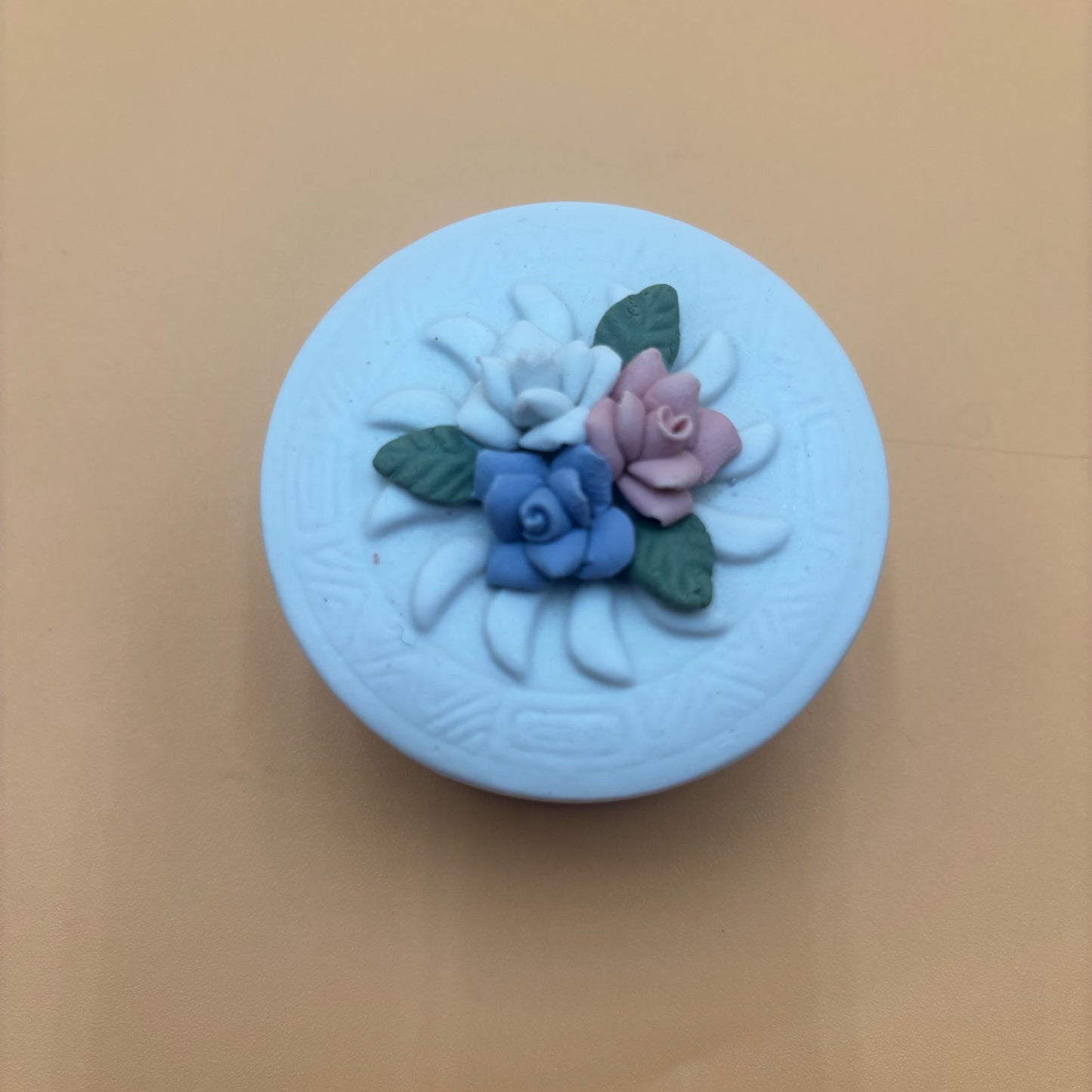 Vintage 1990s Porcelain Trinket Box – Floral Detail – Blue, Pink & White Flowers
