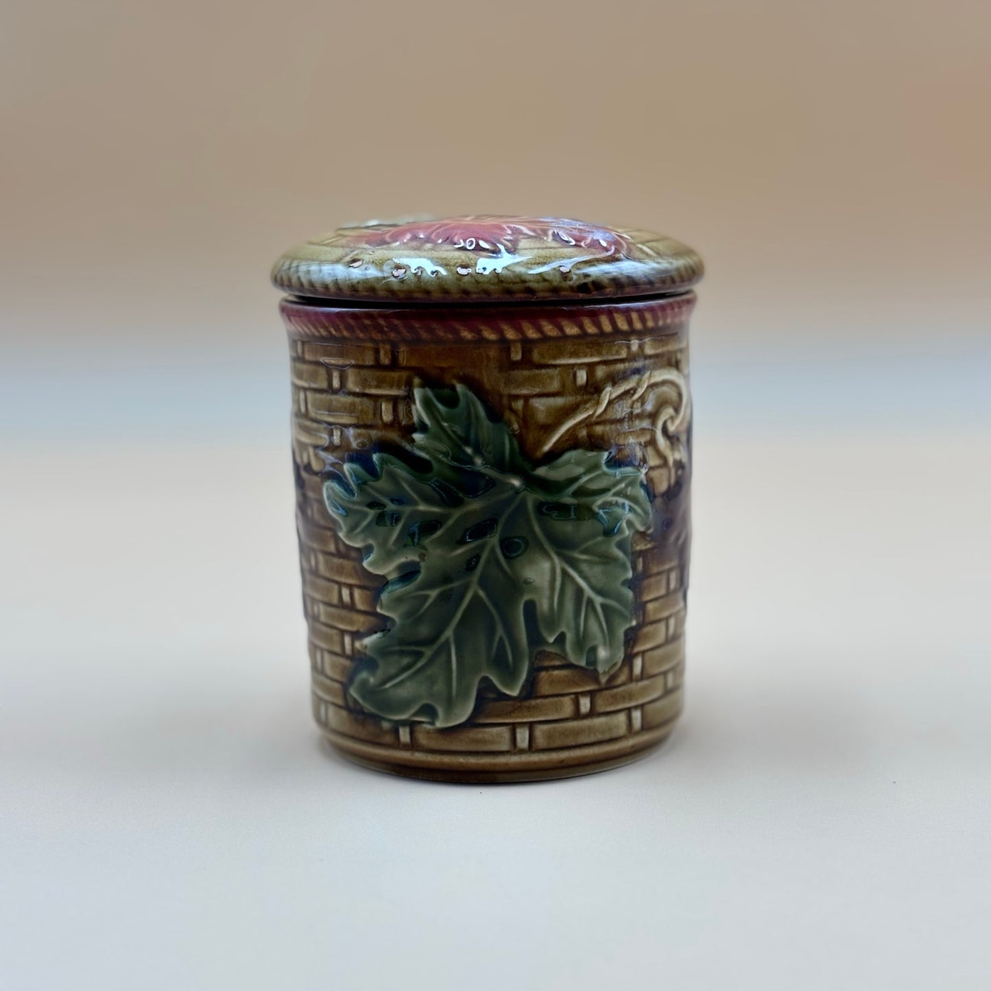 Vintage Embossed Ceramic Canister with Grapevine Design – Brown & Burgundy