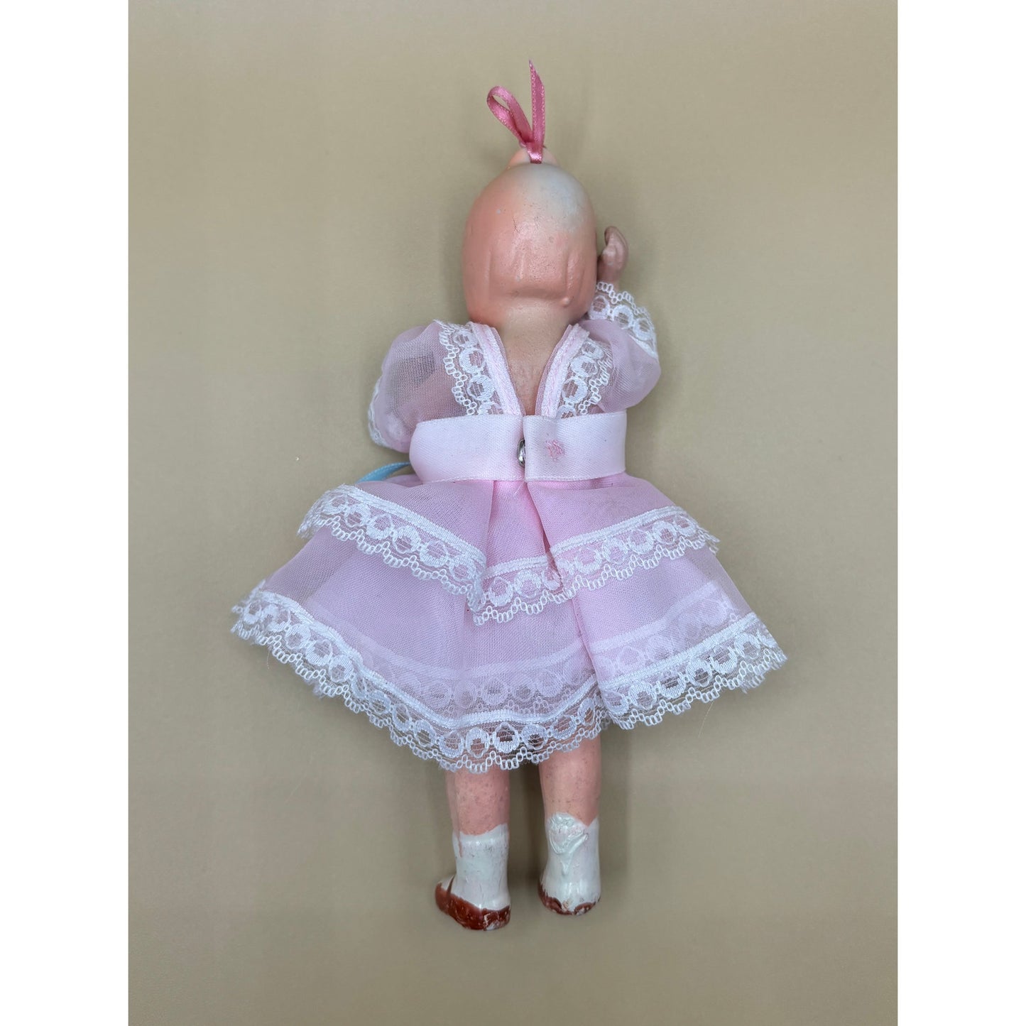 VTG Fragile Doll with Movable Parts 6.5" - Made in Japan, Pink Dress with Bow Ornament