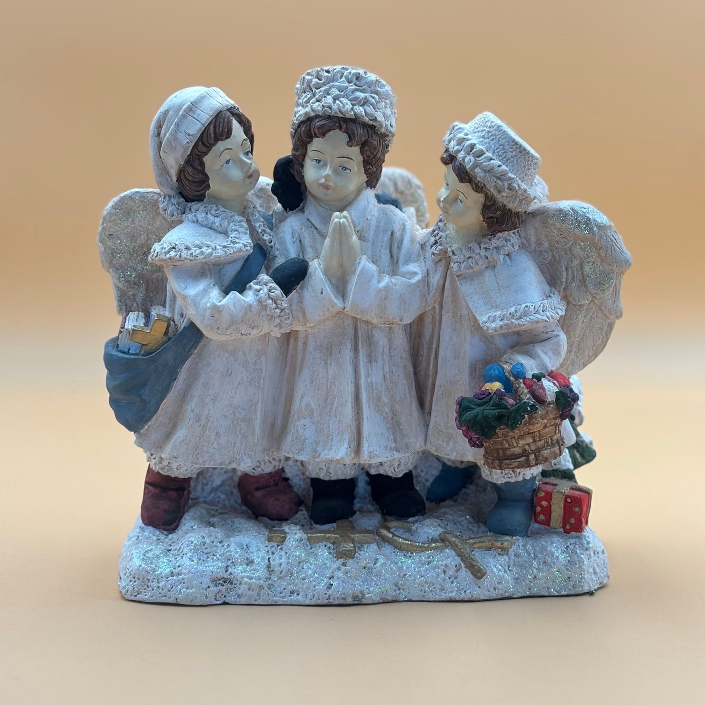 Three Angels Christmas Figurine with Gifts and Glitter Accents