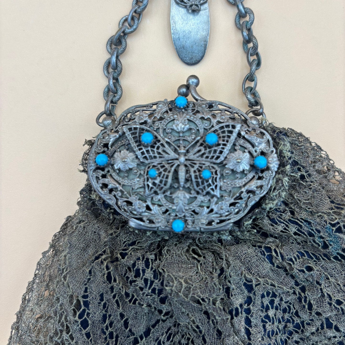 Antique Clip-On Purse with Mirror – Olive Green Lace & Blue Cloth Lining