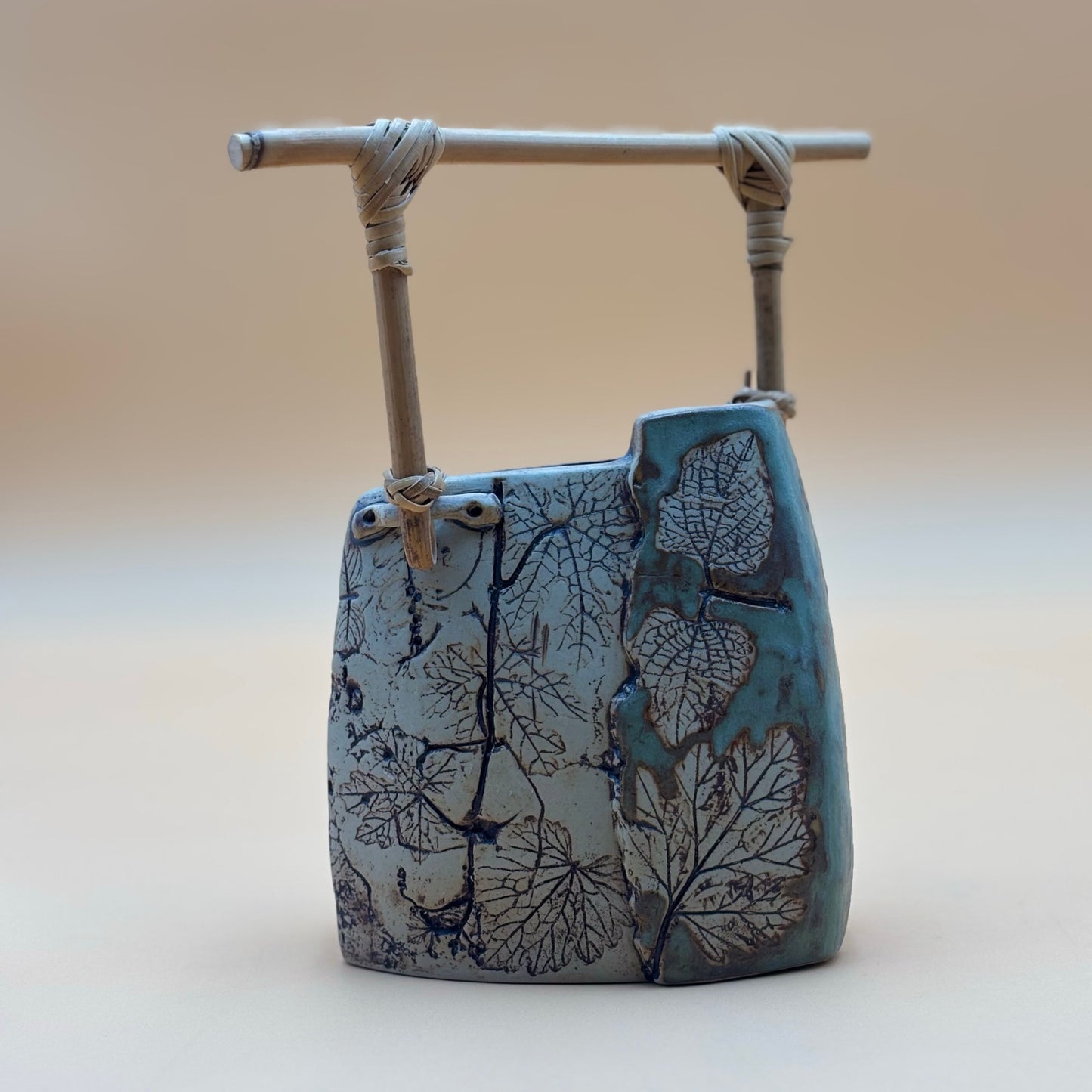 Malaysia Handicraft Tenmoku Pottery Vase with Bamboo Handle