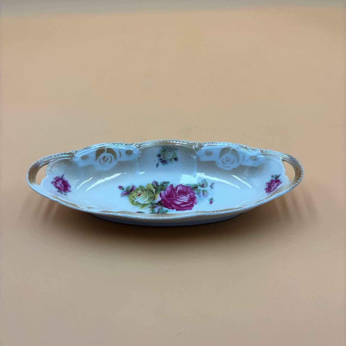 Vintage Made in Germany Porcelain Oval Dish – Pink & Yellow Roses with Handles