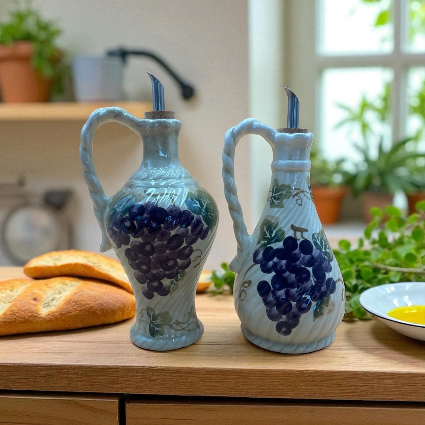 Linens N Things Grape Vine Oil & Vinegar Dispenser Set – Ceramic with Handles