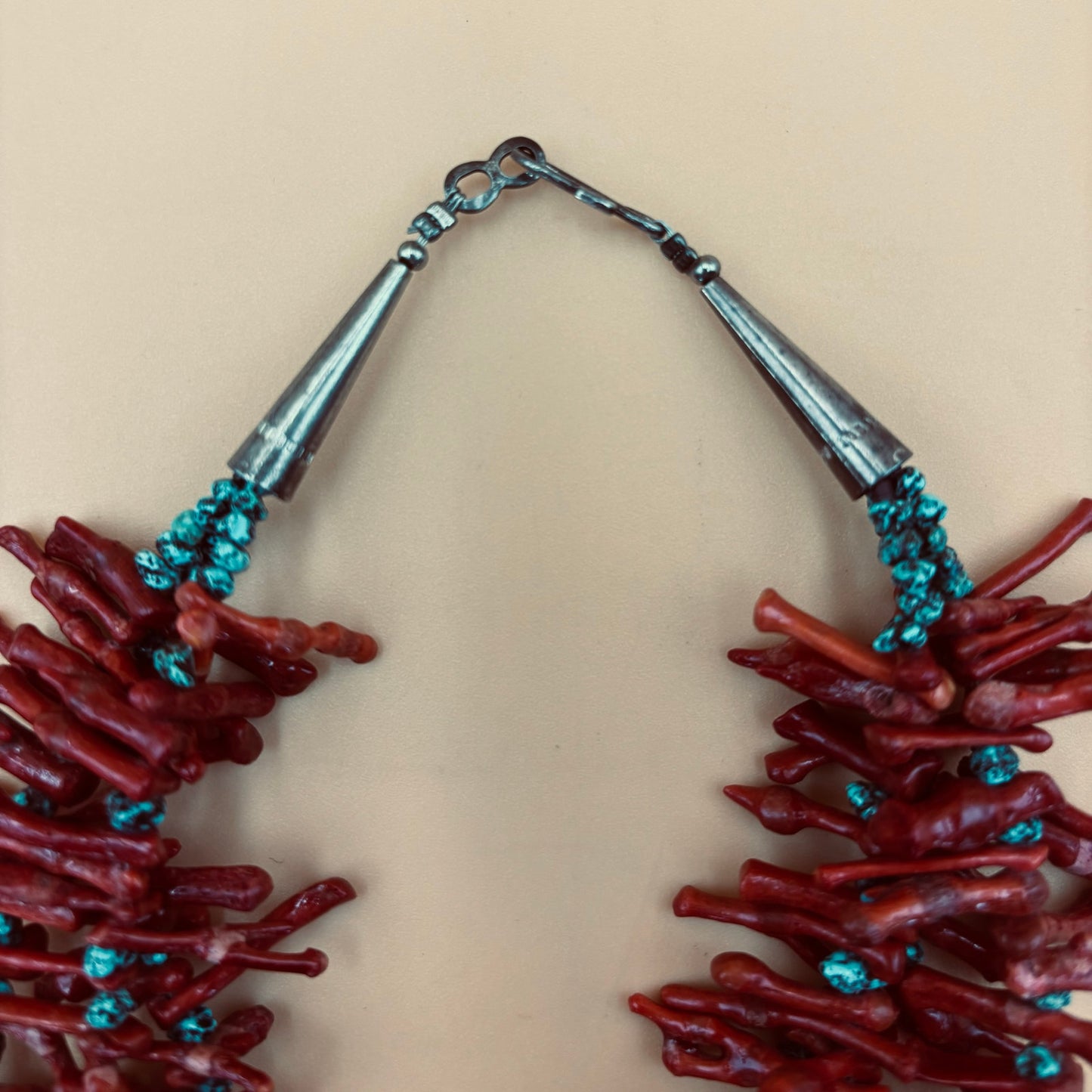 Bold Three-Strand Red Coral Branch & Turquoise Statement Necklace – 18.5″