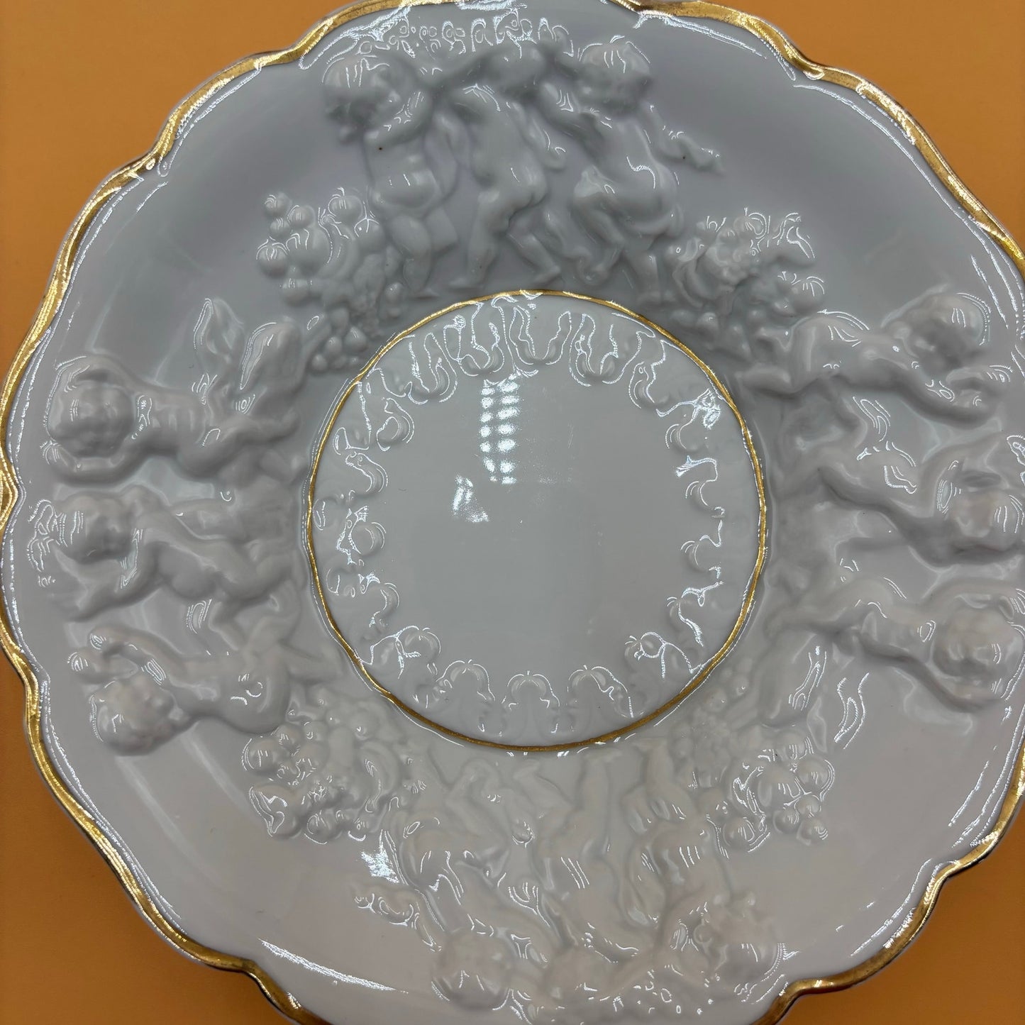 Vintage Embossed Cherub Porcelain Bowl with Gold Trim – 8.25”
