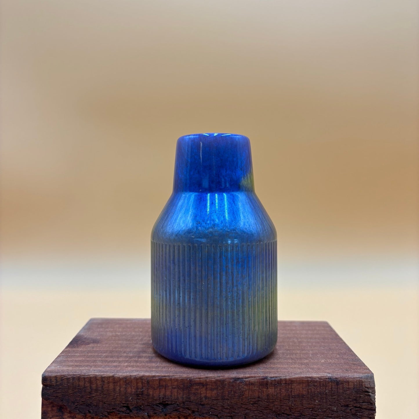 Vintage Ribbed Studio Pottery Bud Vase - Blue & Green Drip Glaze