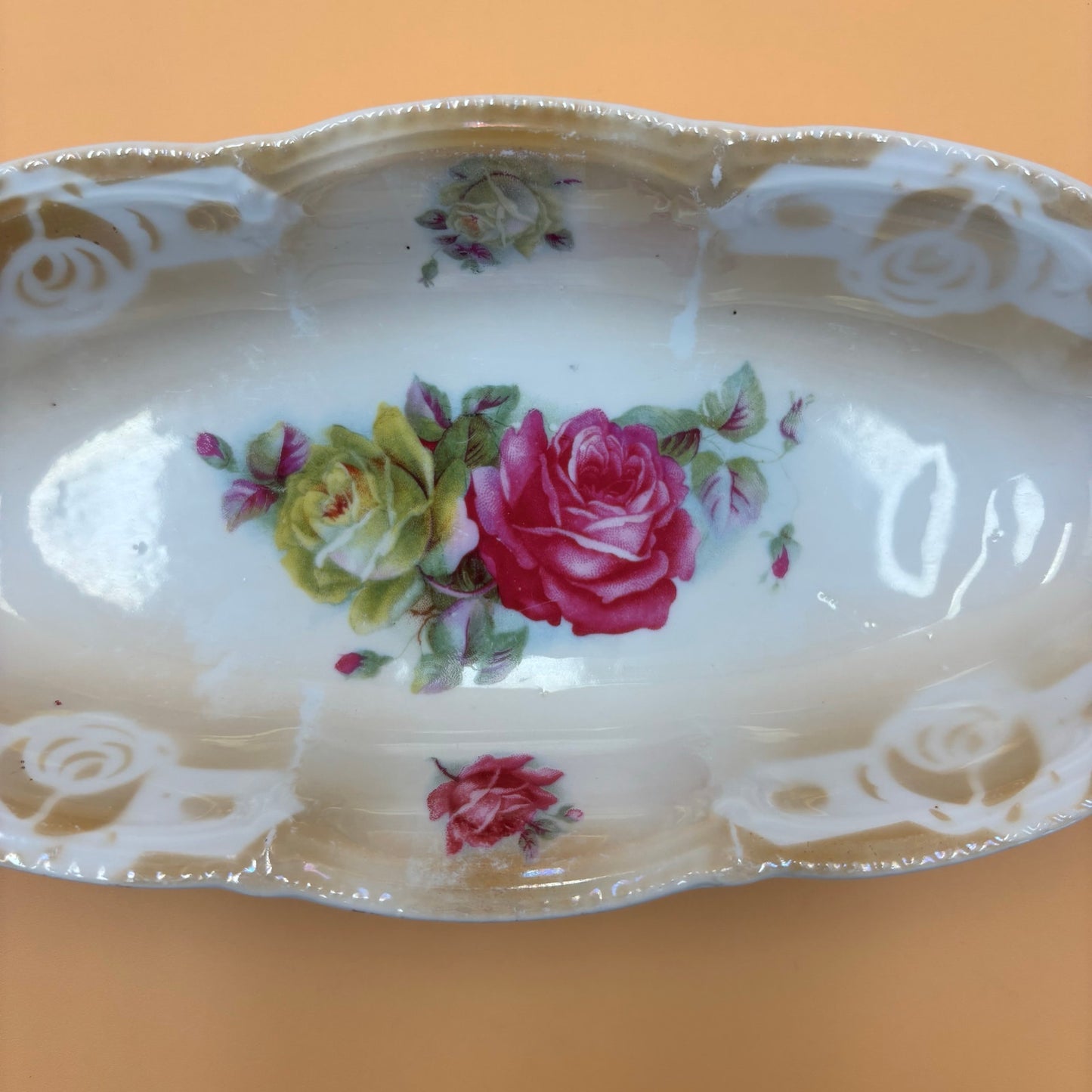 Vintage Made in Germany Porcelain Oval Dish – Pink & Yellow Roses with Handles