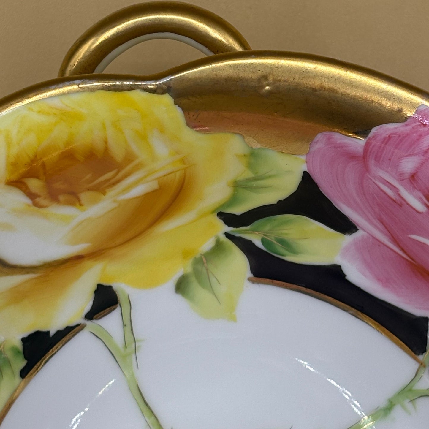 Noritake Green Wreath Yellow Pink Roses Black Gold Handled Bowl