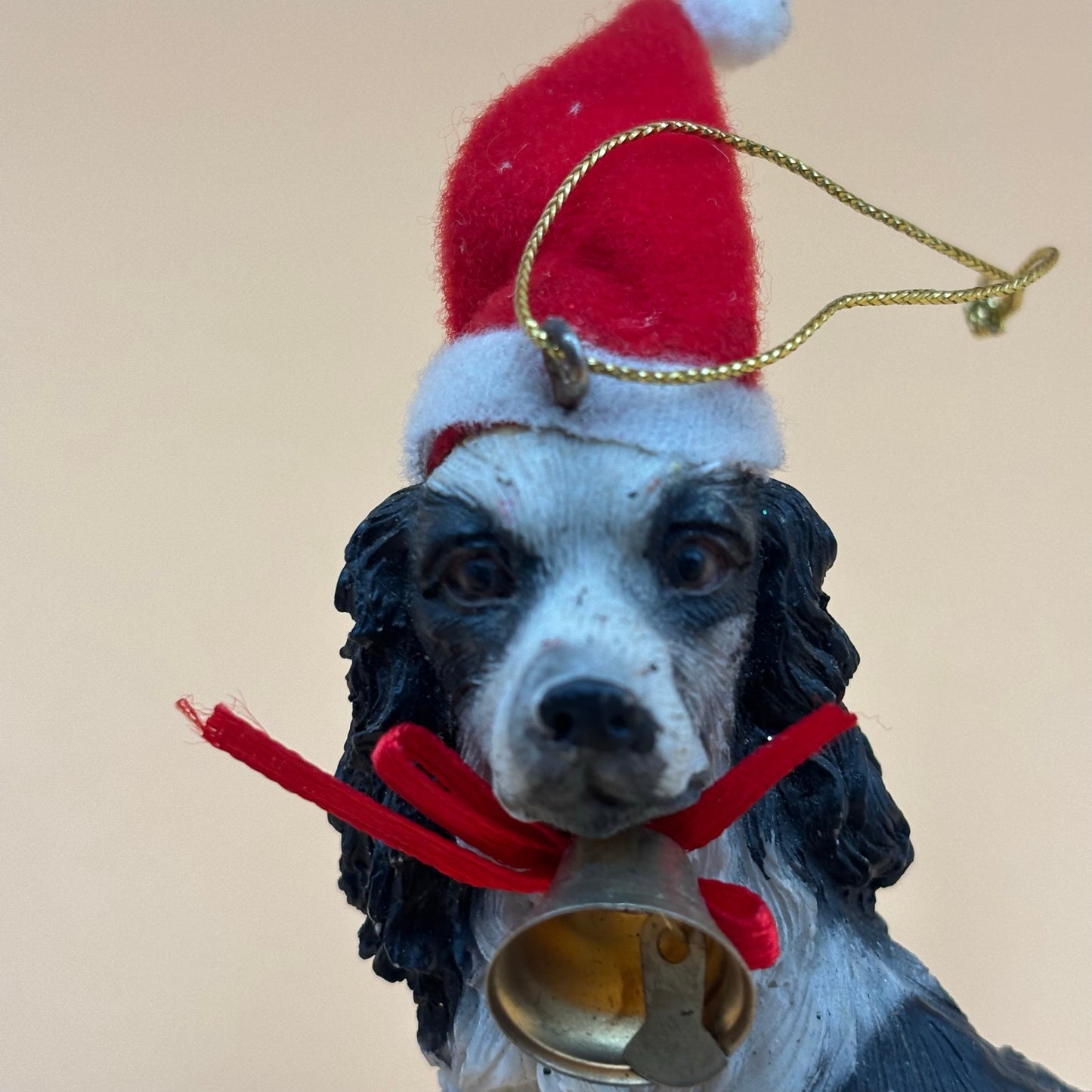 Black & White Spaniel Dog Ornament with Santa Hat