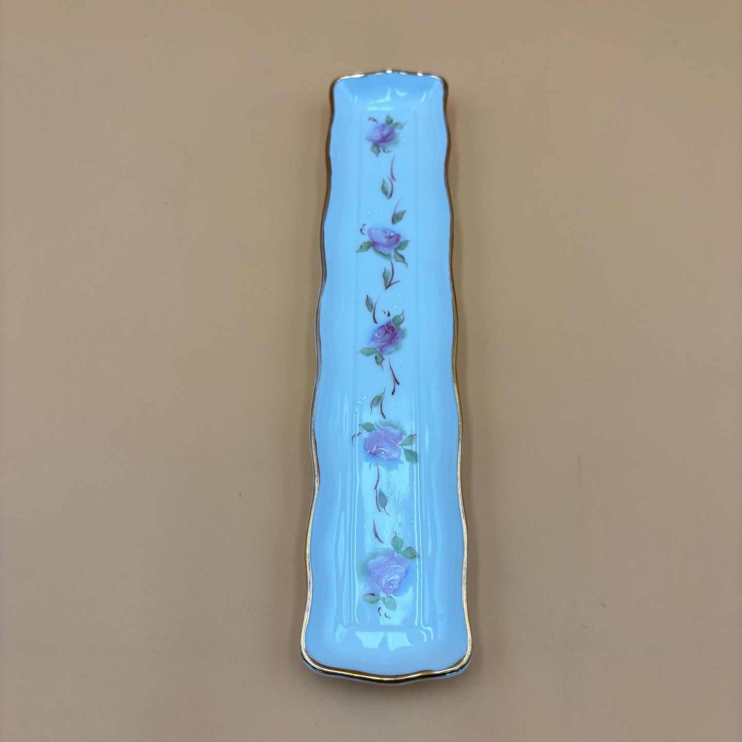 Vintage Hand Painted Porcelain Tray with Pink Roses and Gold Trim