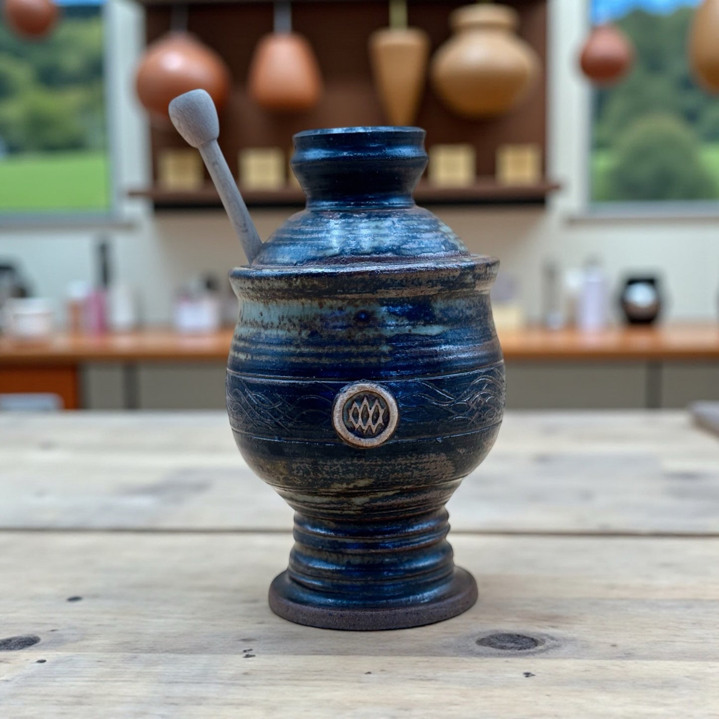 Studio Pottery Honey Jar with Dipper — Olive Green Earth Tone Glaze