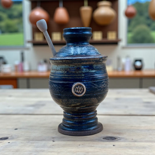 Studio Pottery Honey Jar with Dipper — Olive Green Earth Tone Glaze