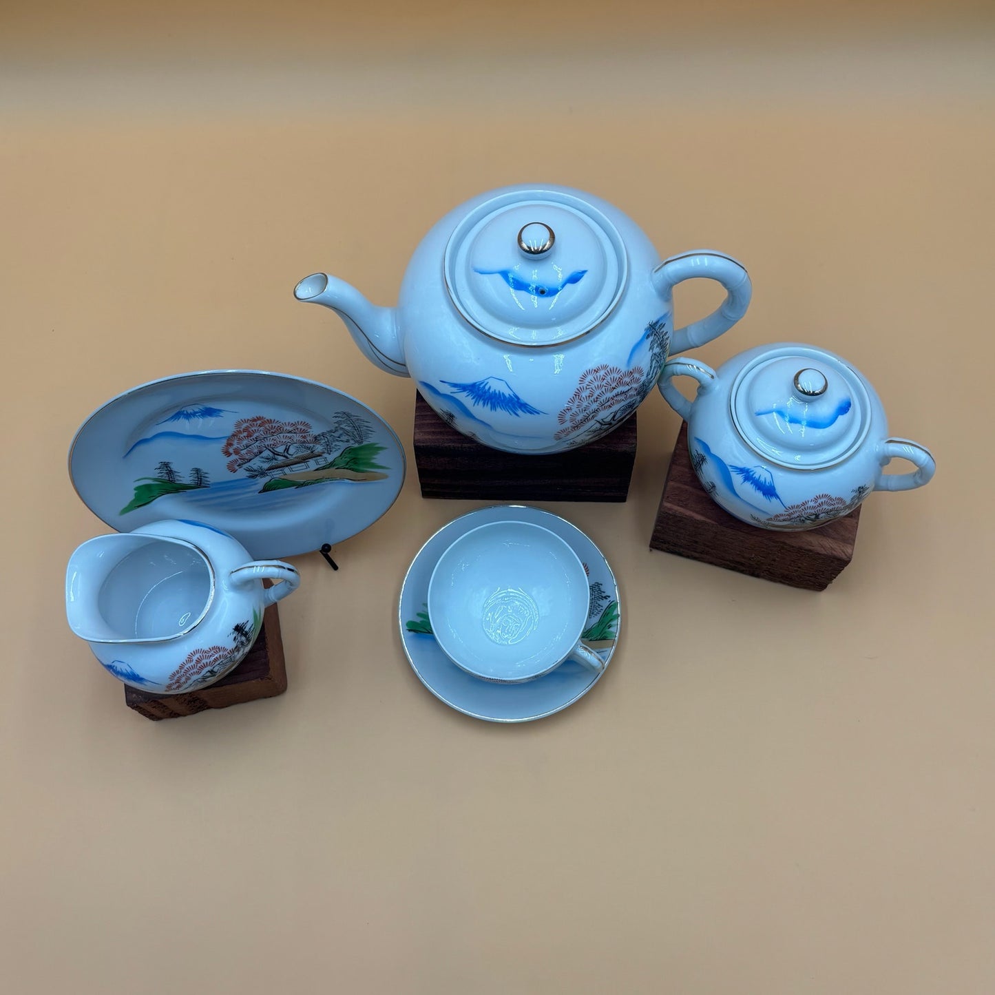 Vintage Ritz China Hand Painted Japanese Tea Set - Mt. Fuji Scene 18 Pieces