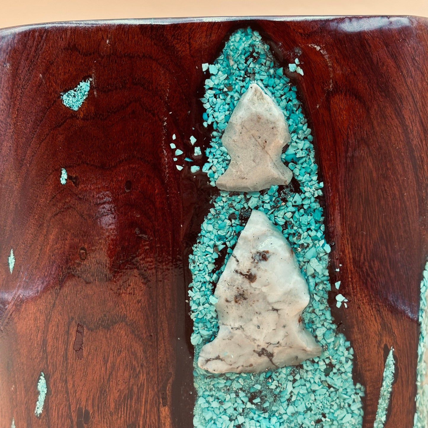 Hand-Carved Burlwood Vessel with Turquoise & Arrowhead Inlay