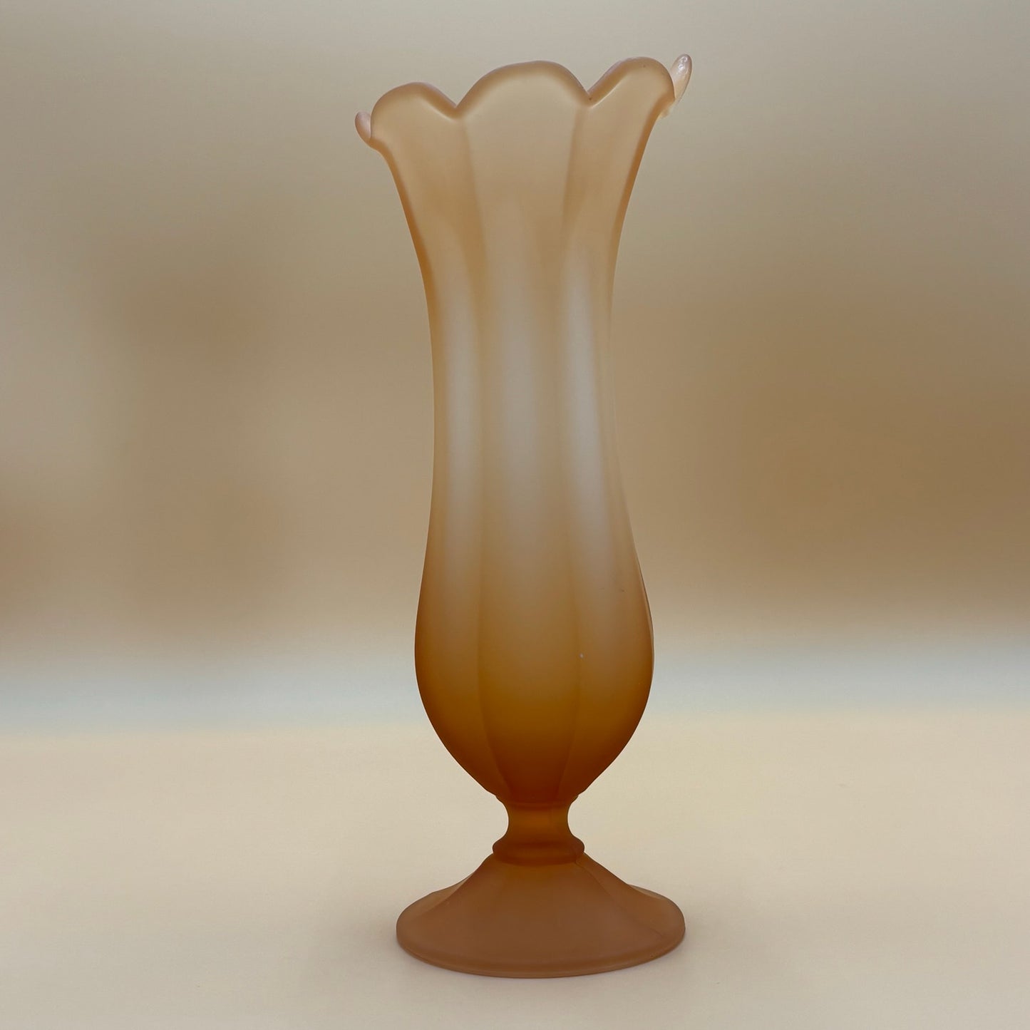 Vintage Peach/Amber Satin Swung Vase - Ruffled Rim 13.5" Tall