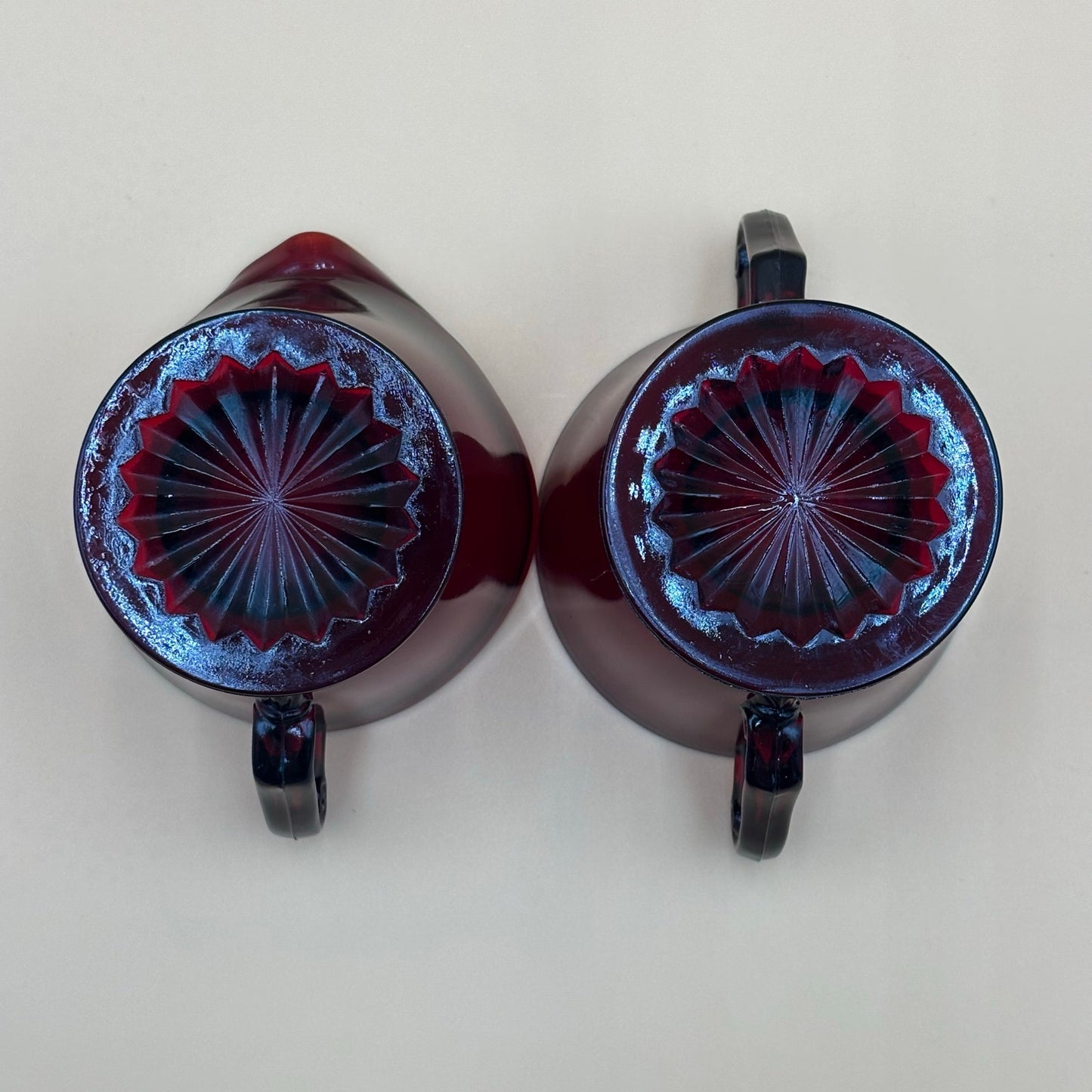 Vintage Ruby Red Glass Creamer & Sugar Set - Starburst Bottom