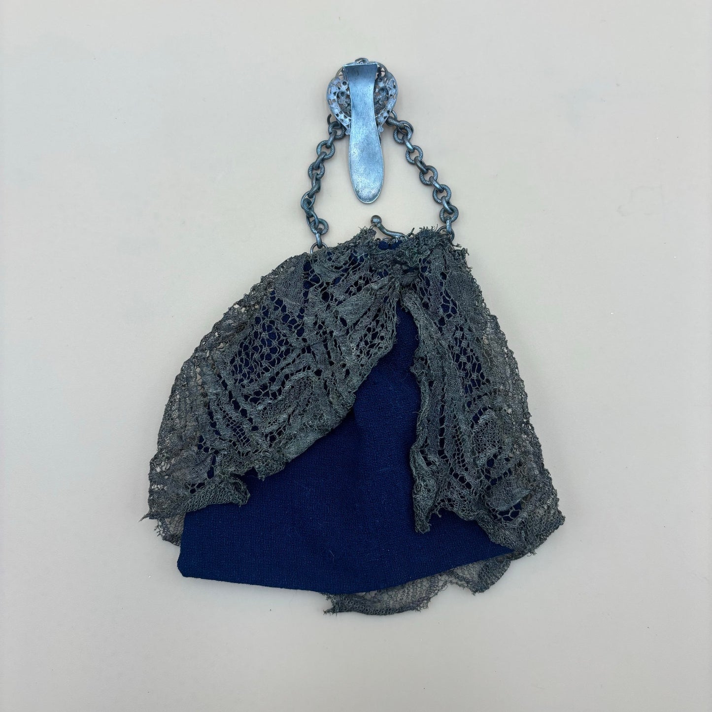 Antique Clip-On Purse with Mirror – Olive Green Lace & Blue Cloth Lining