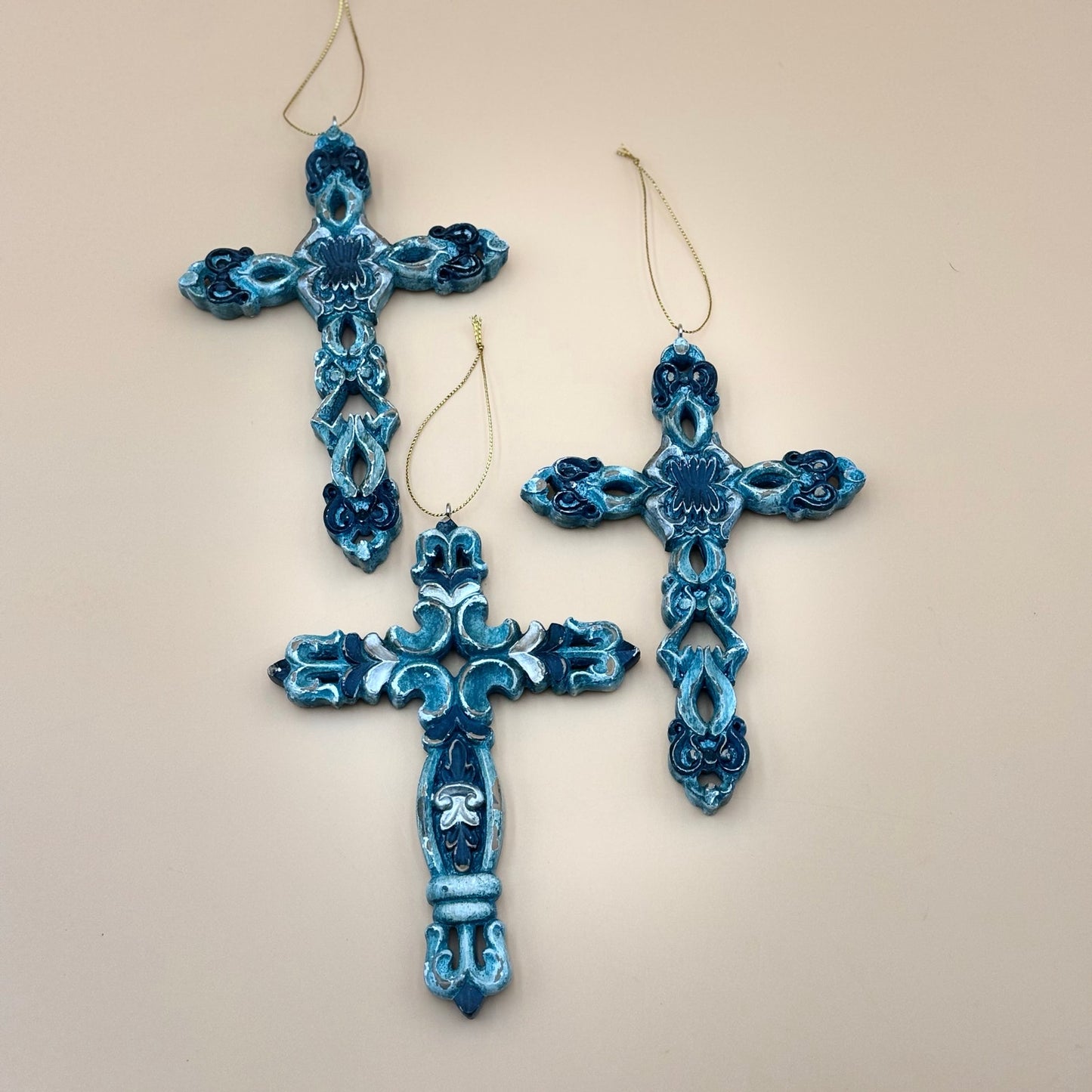 Set of Three 7″ Cross Ornaments — Turquoise, Silver, and Brown Tones