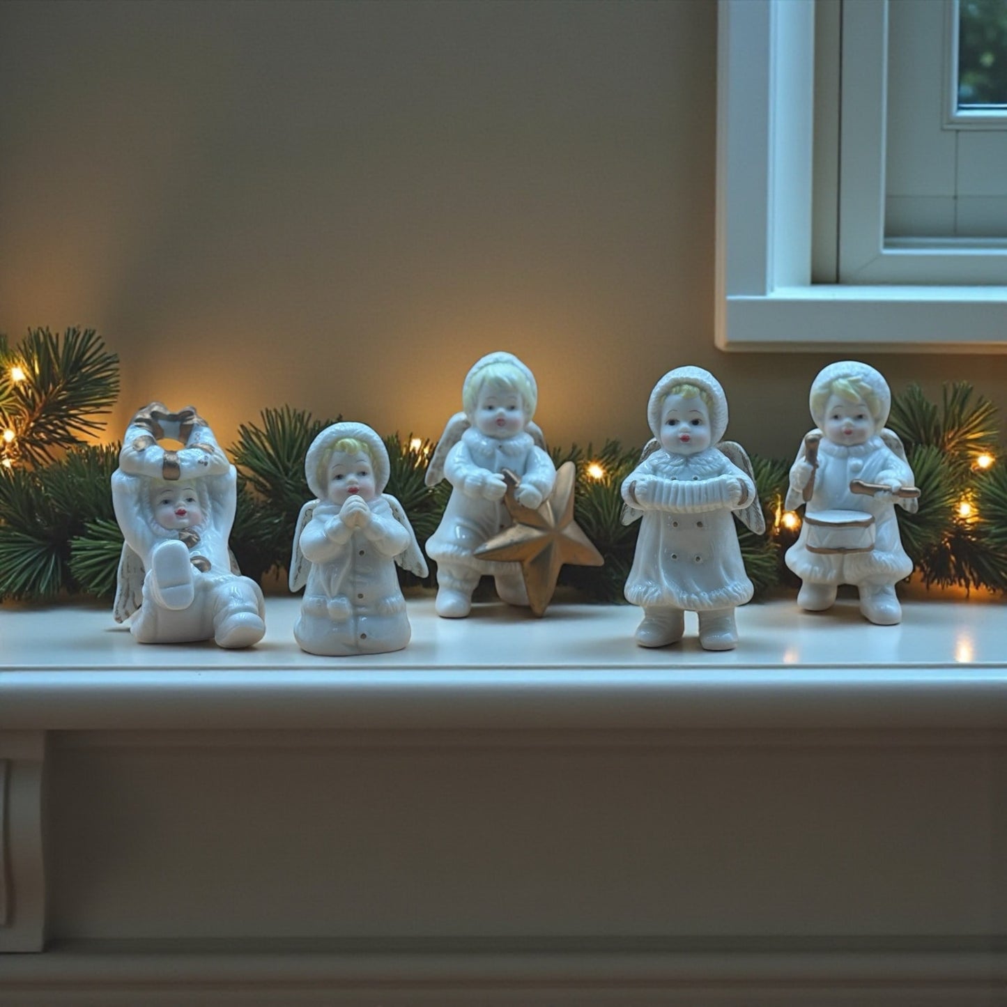 Set of 5 Vintage Ceramic Winter Angels with Gold Accents
