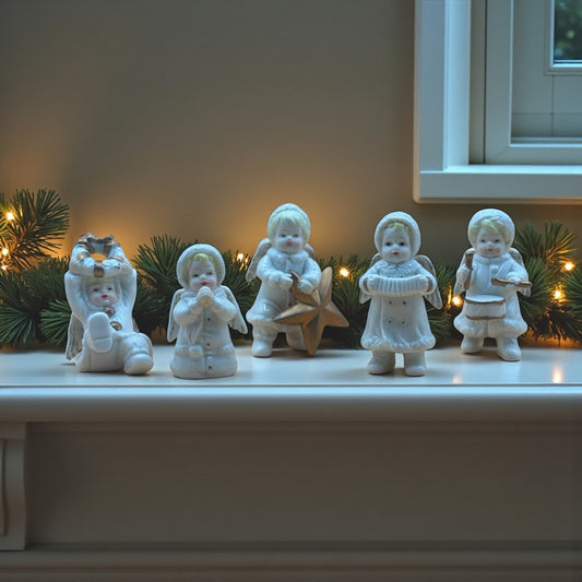 Set of 5 Vintage Ceramic Winter Angels with Gold Accents