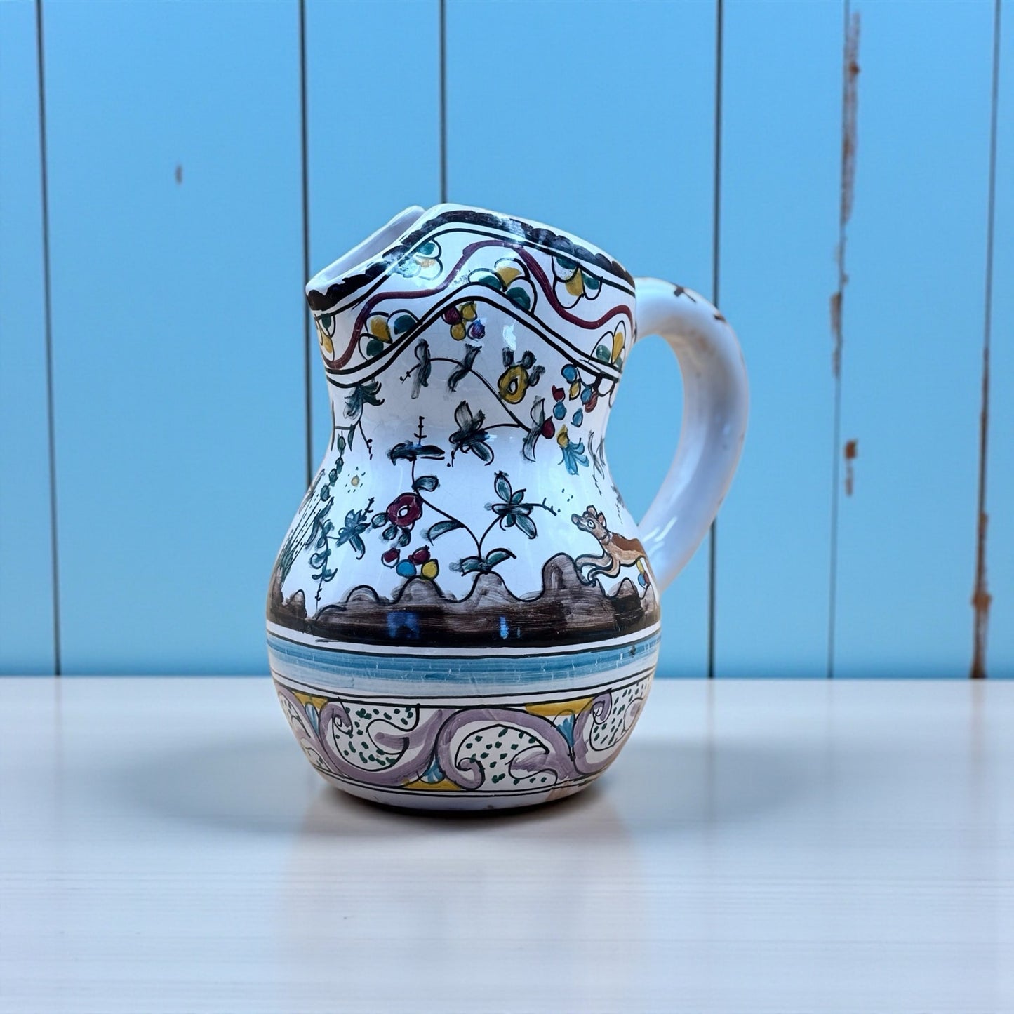 Vintage Portuguese Coimbra Pitcher – Hand-Painted Bird & Floral Talavera-Style Pottery