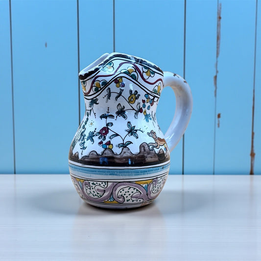 Vintage Portuguese Coimbra Pitcher – Hand-Painted Bird & Floral Talavera-Style Pottery