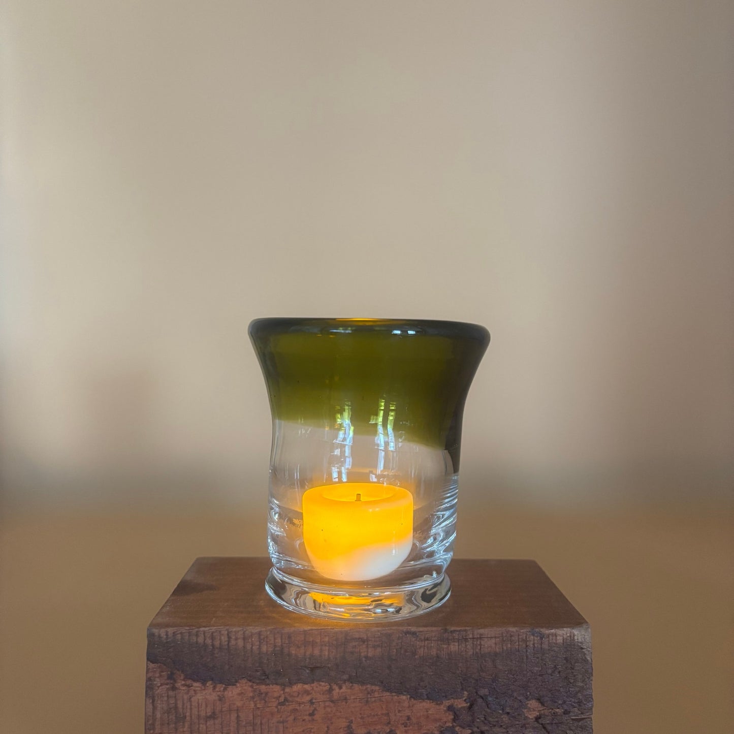 Set of 4 Hand Blown Art Glass Candleholders - Green and Clear