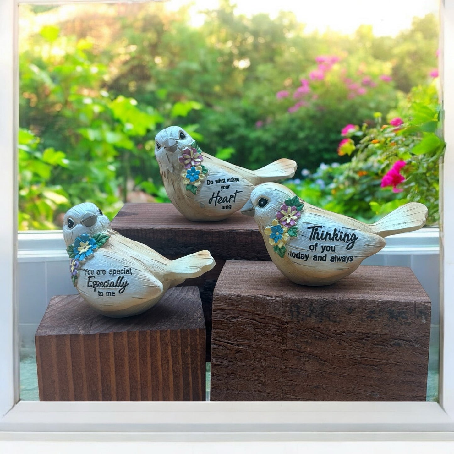 Set of 3 Inspirational Bird Figurines – Floral Accents & Messages (4”)