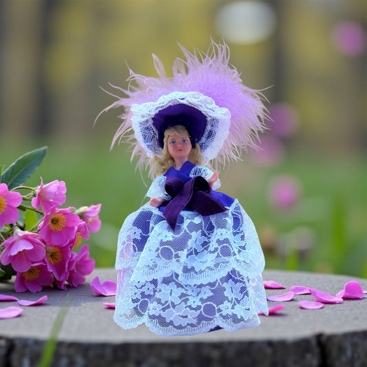 Folies Bergere Paris Doll in Purple Lace and Feather Hat