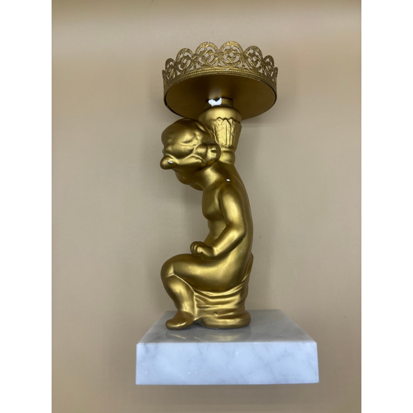 Vintage Metal, Gold Cherub Candle Holder with Marble Base 7.5 Inches Tall