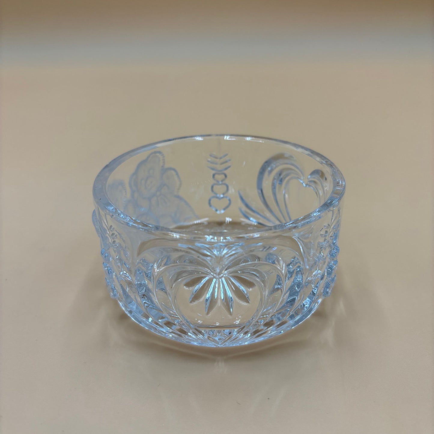 Vintage Clear Pressed Glass Bowl with Hearts & Teddy Bear Motif