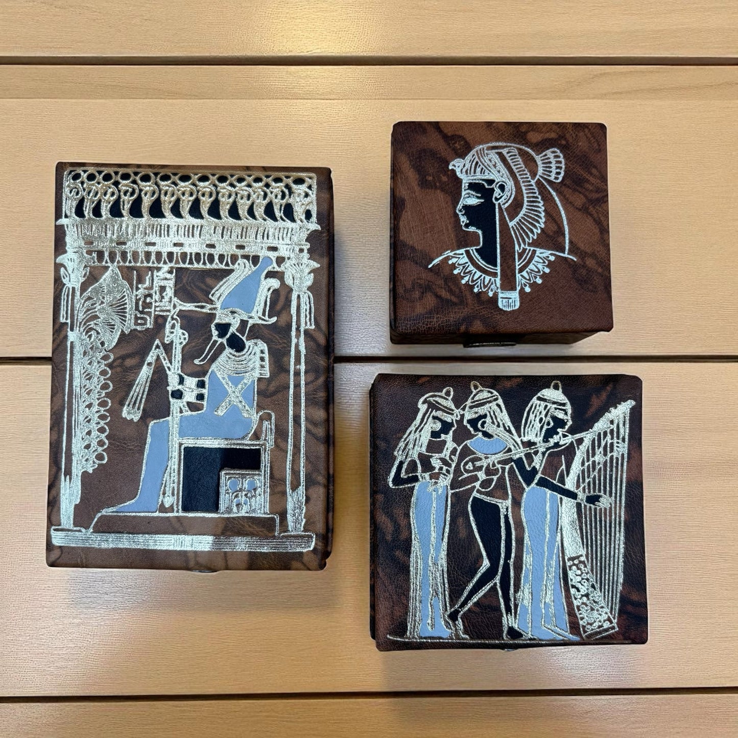 VintaEgyptian Leather Jewelry Boxes Set of 3 with Silver Embossed Designs & Red Felt Lining