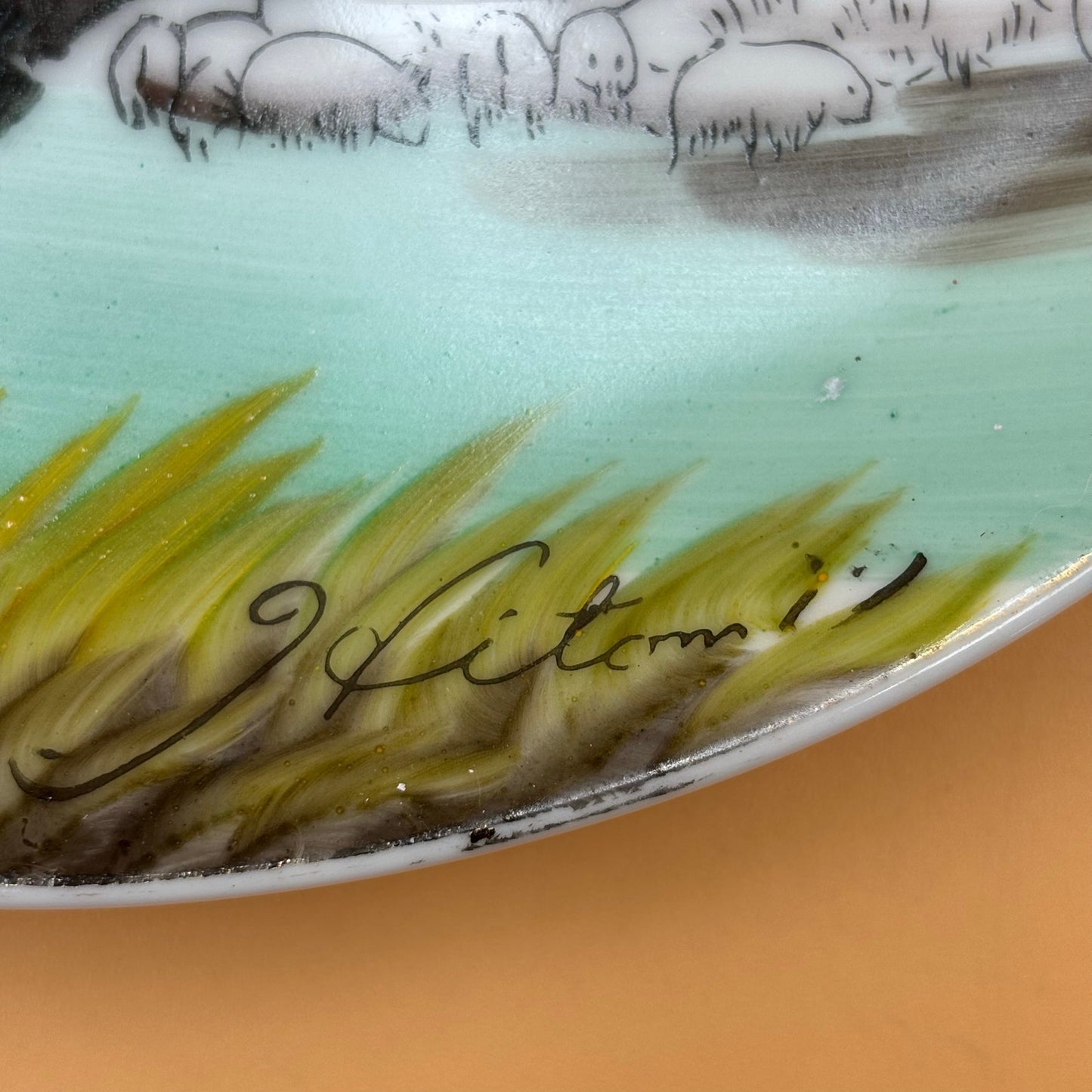 Vintage Hand-Painted Japanese Landscape Plate – Signed Hitomi  8.25 in.