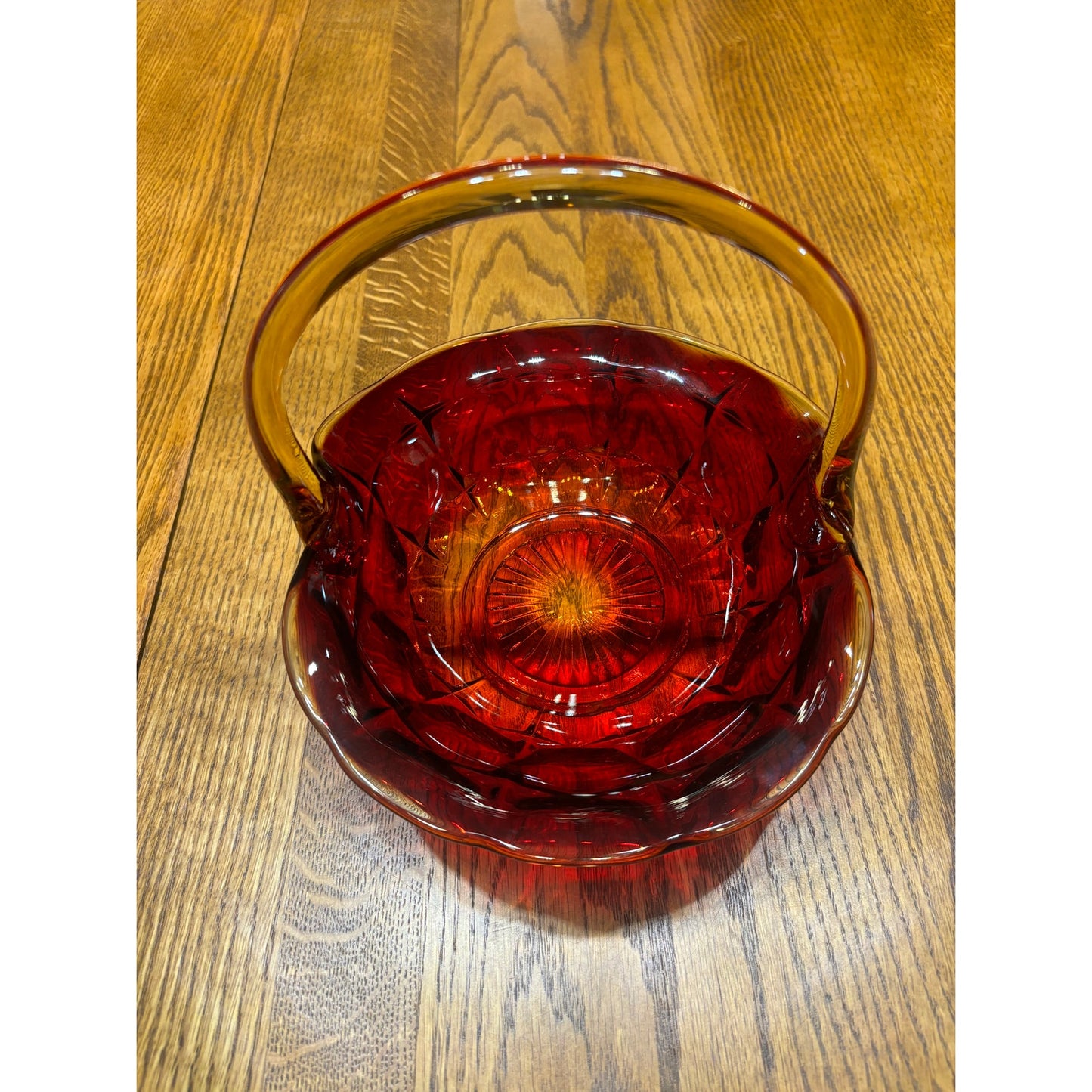 Amberina Tiara Glass Basket Sunset Constellation Pattern Red to Orange Ombré 8” Vintage J.D. Handle