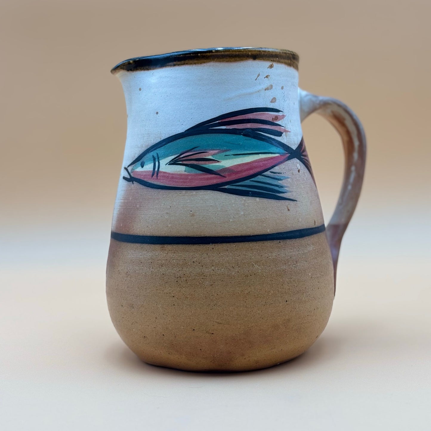 Studio Pottery Fish Pitcher with “M” Handle Mark – Hand-Painted 8″