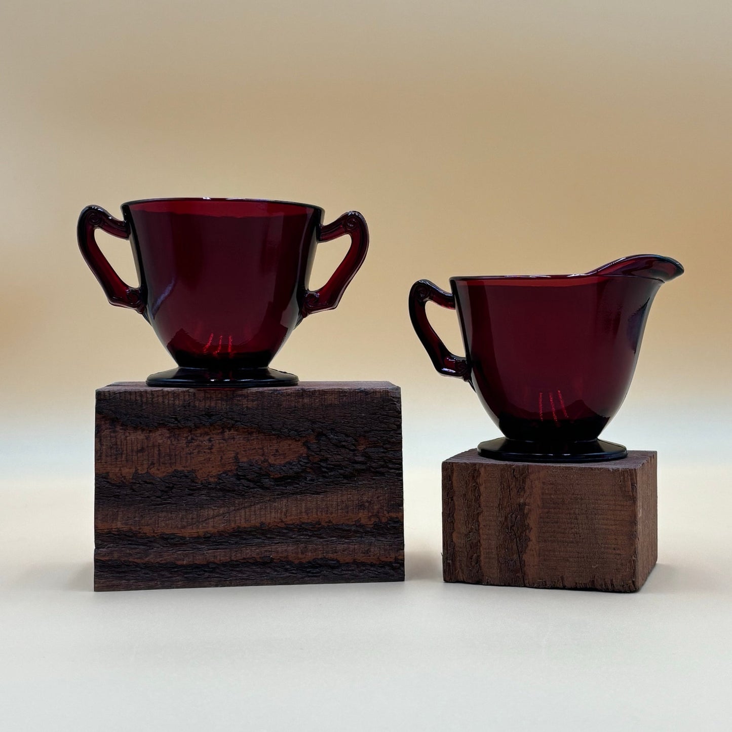 Vintage Ruby Red Glass Creamer & Sugar Set - Starburst Bottom