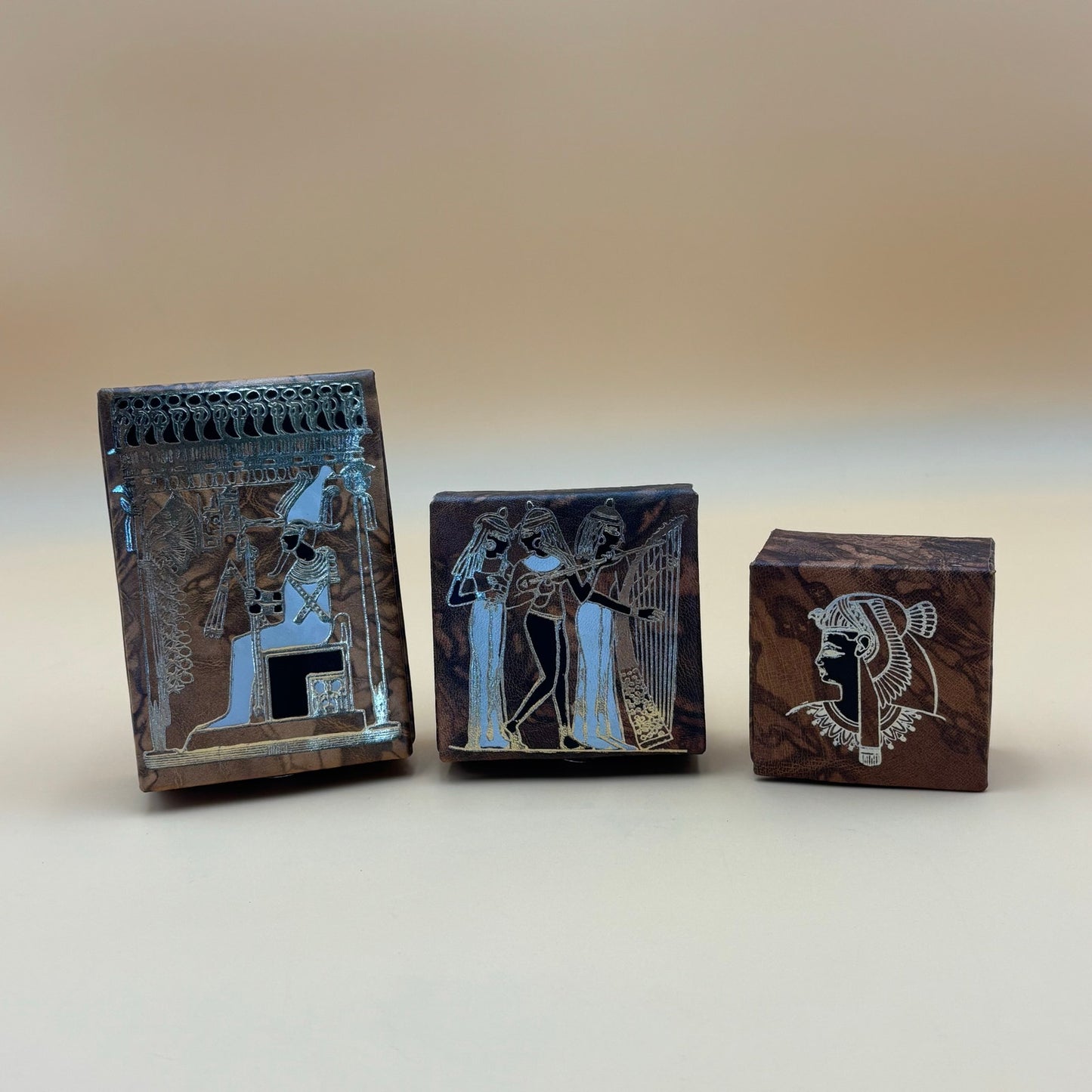 VintaEgyptian Leather Jewelry Boxes Set of 3 with Silver Embossed Designs & Red Felt Lining