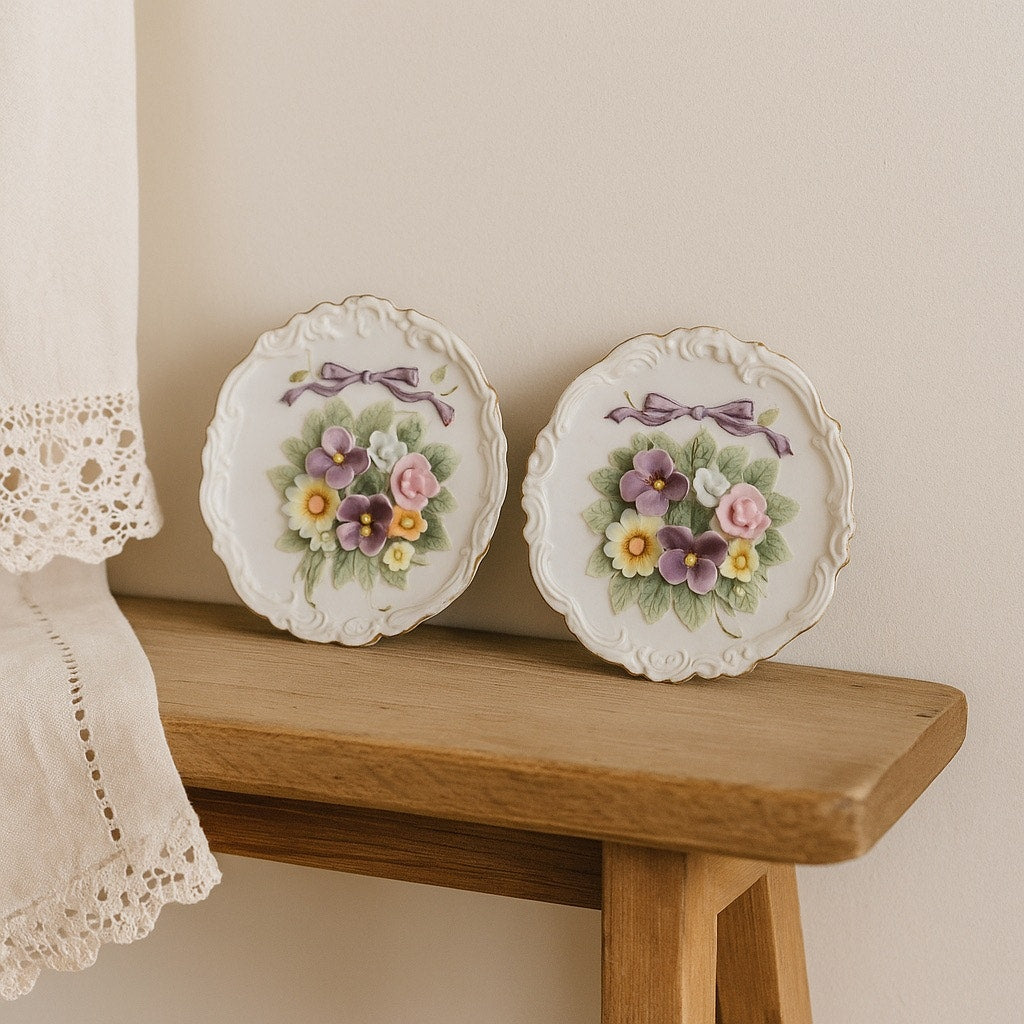 Set of 2 Vintage Lefton China Floral Wall Plaques – Hand Painted – KW4743