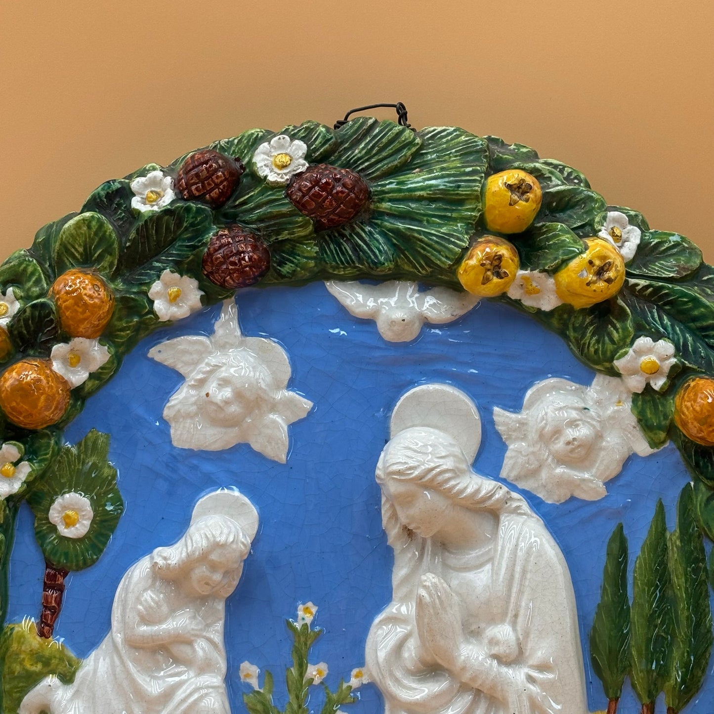 Vintage Carbone Italy Ceramic Nativity Wall Plaque – Hand-Painted, 14 3/8”